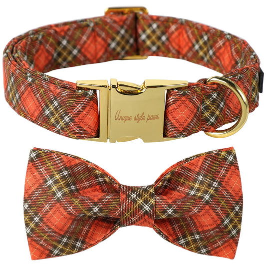 Unique Style Paws Cotton Dog Collar with Bow Halloween Pumpkin Plaid Dog Collar with Bow Tie for Small Medium Large Dogs Pets Gifts