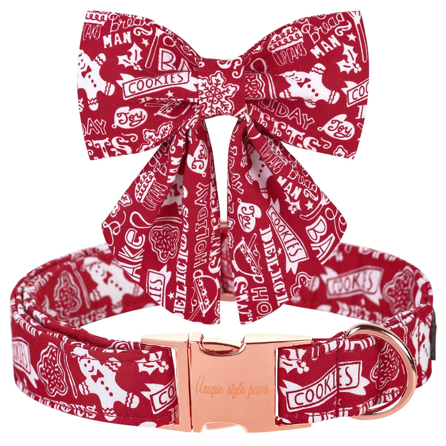 Unique style paws Christmas Dog Collar with Bow Tie Winter Gingerbread Snowman Theme Puppy Collar for Small Medium Large Dogs-M