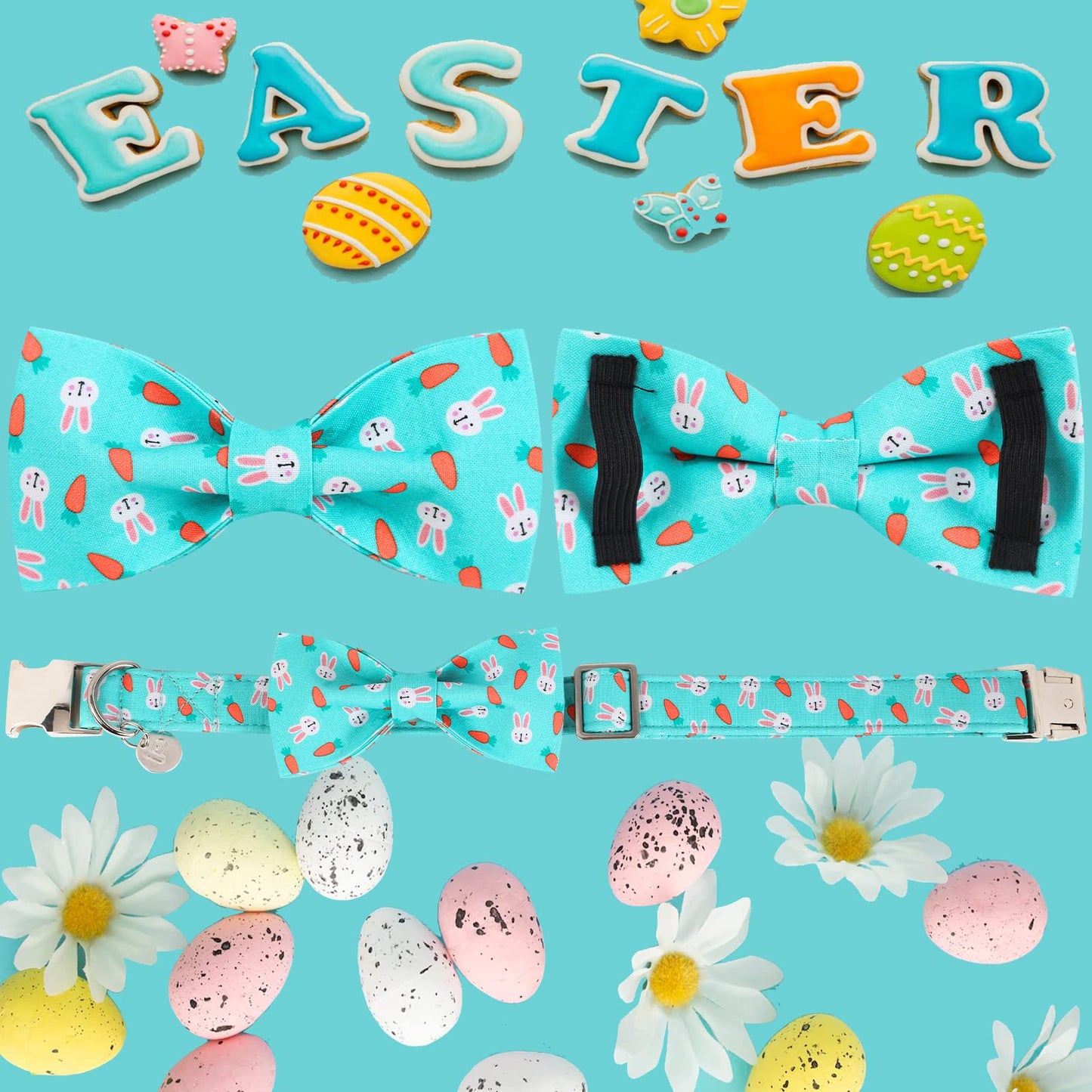 Easter Dog Collar with Bow Tie, Cotton Easter Bowtie Collar for Small Girl Boy Dog, Cute Carrot Pet Collar with Metal Buckle, Easter Day Gift Dog Collar, Blue, S, Neck 10-16in