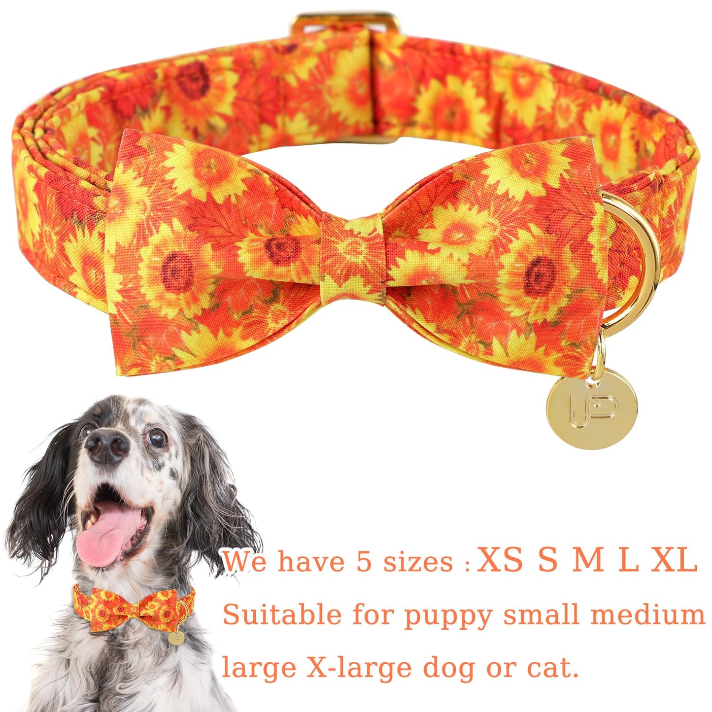 Thanksgiving Dog Collar with Bow Tie, Turkey Cotton Bowtie Collar for Puppy Girl Dog or Cat, Autumn Bow Tie Collar with Durable Metal Buckle, Turkeys Pet Collar, S, Neck 10-16in