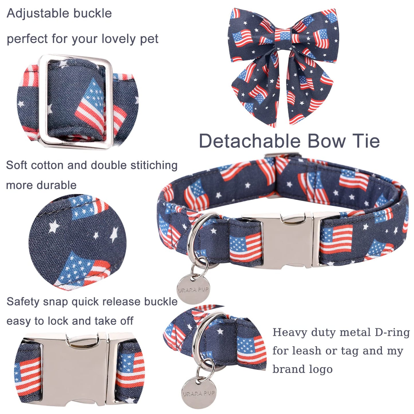 American Flag Dog Collar with Bow Tie, 4th of July Comfortable Cotton Cute Dog Collar with Metal Buckle, Patriotic Bowtie Collar for Puppy Girl Boy Dog, XL, Neck 16-26in