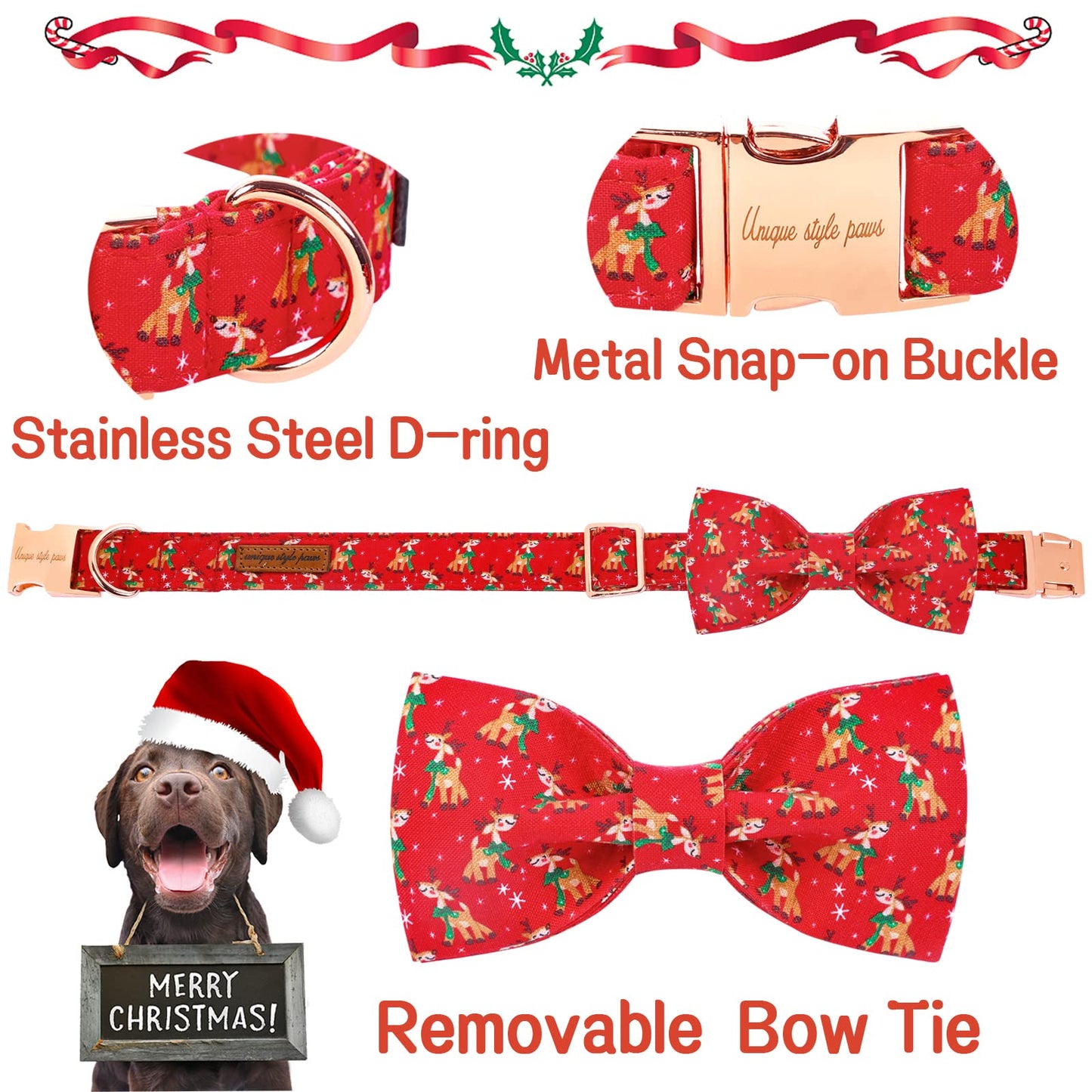 Unique style paws Christmas Dog and Cat Collar with Bow Pet Gift Adjustable Soft and Comfy Bowtie Collars for Small Medium Large Dogs