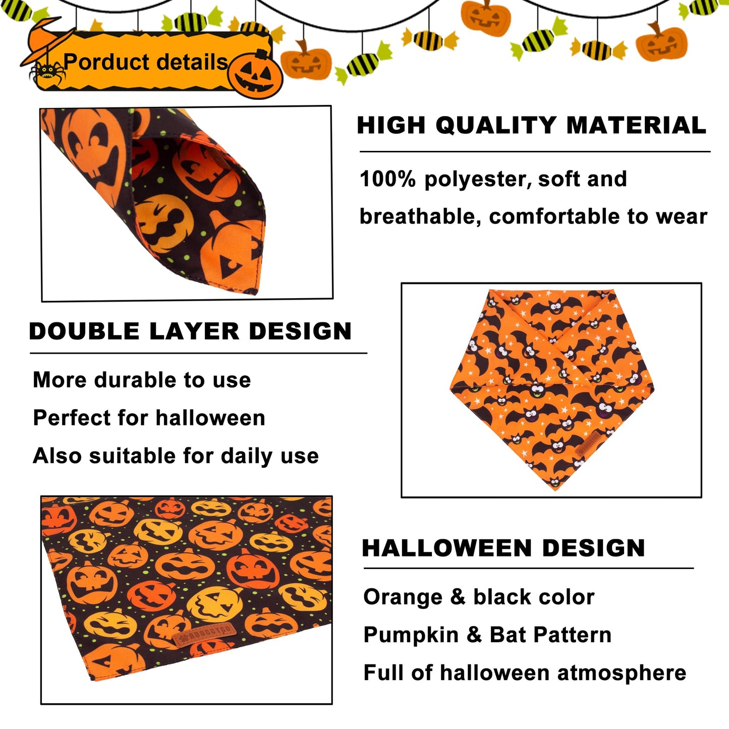 ADOGGYGO Halloween Dog Bandana, Halloween Pumpkin Ghost Dog Scarf, Premium Durable Fabric, Adjustable Fit Female Dog Halloween Bandanas for Medium Large Dogs Pets (Large, Halloween)