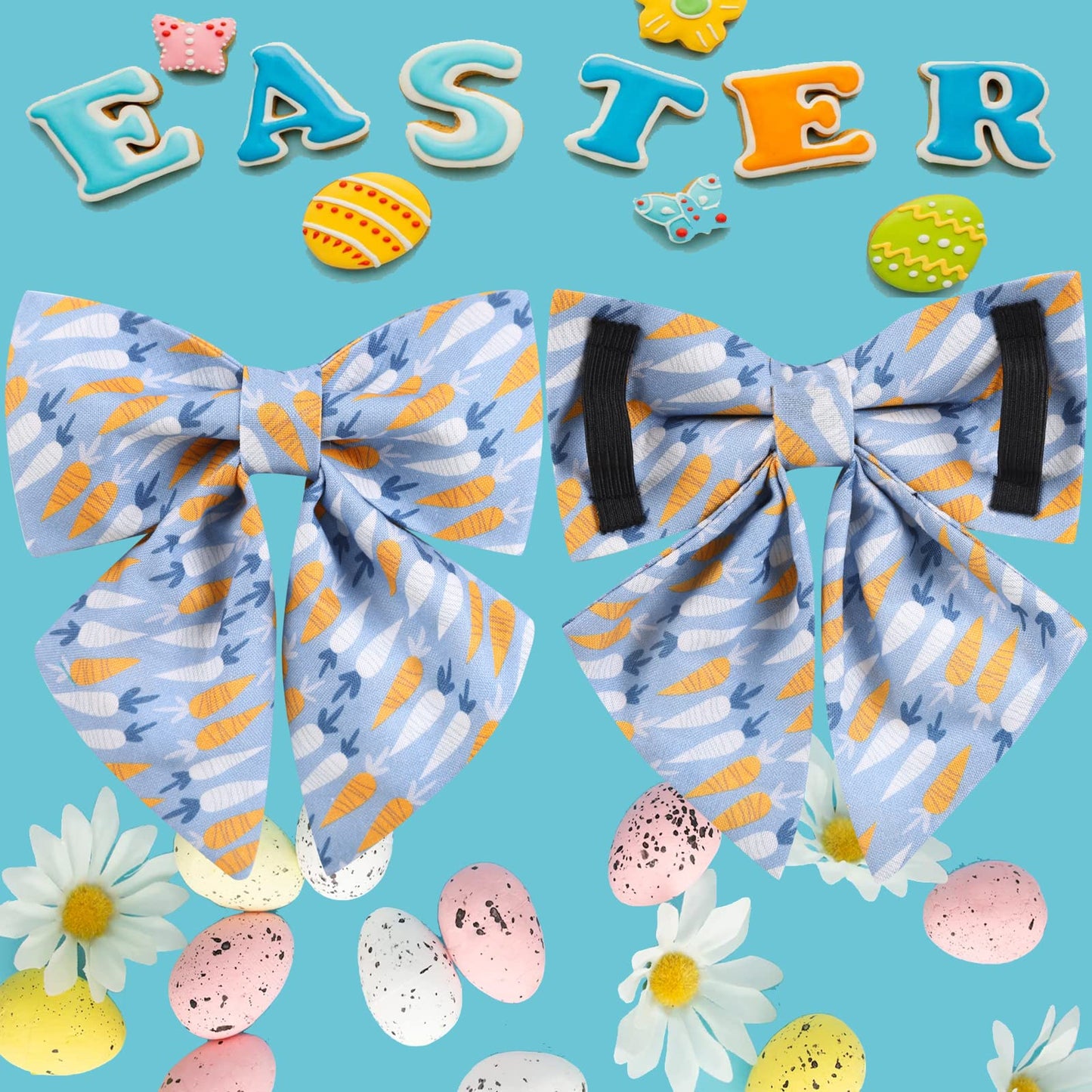 Easter Dog Collar with Bow Tie, Cotton Easter Bowtie Collar for Small Girl Boy Dog, Cute Carrot Pet Collar with Metal Buckle, Easter Day Gift Dog Collar, Blue, S, Neck 10-16in