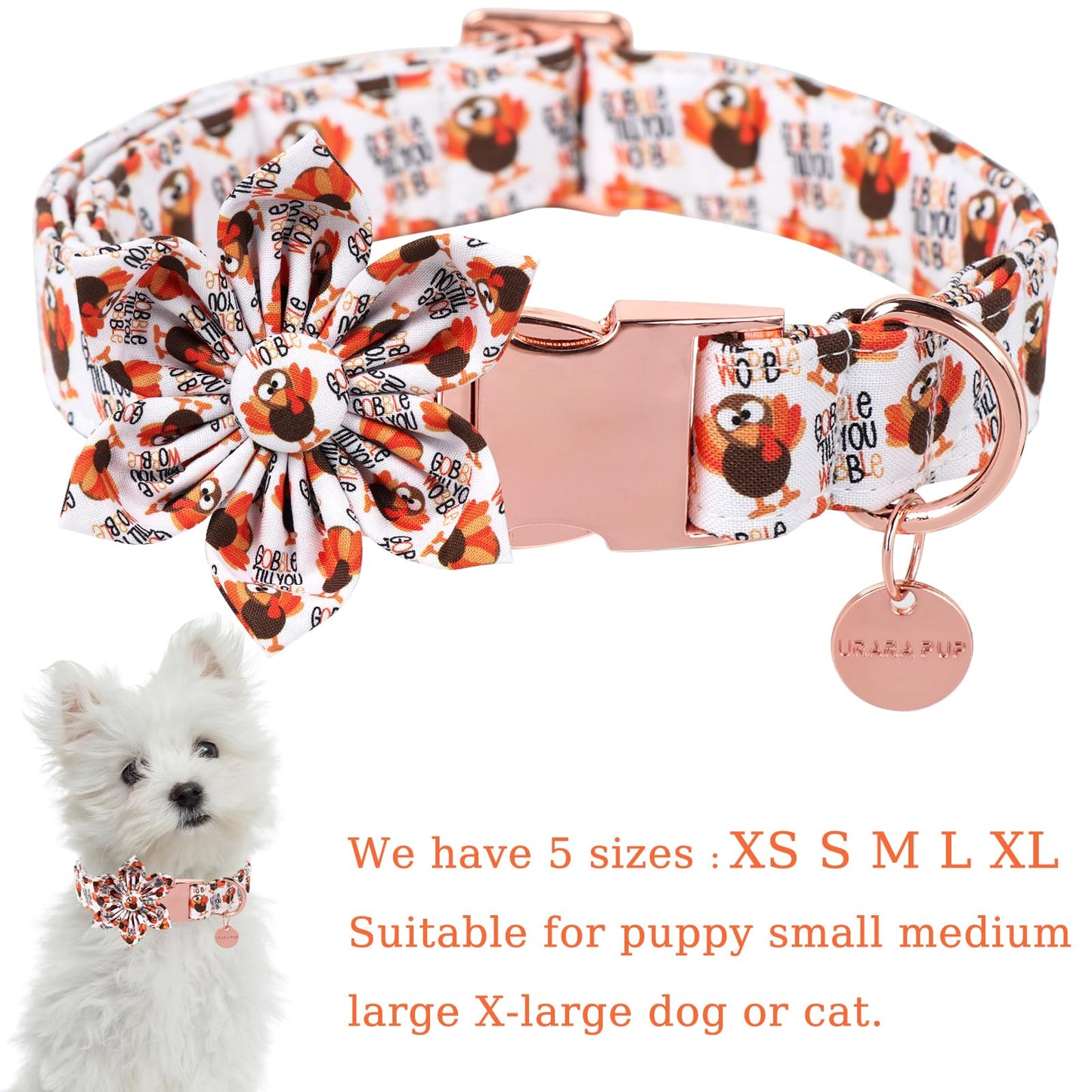 Thanksgiving Dog Collar with Bow Tie, Turkey Cotton Bowtie Collar for Puppy Girl Dog or Cat, Autumn Bow Tie Collar with Durable Metal Buckle, Turkeys Pet Collar, S, Neck 10-16in