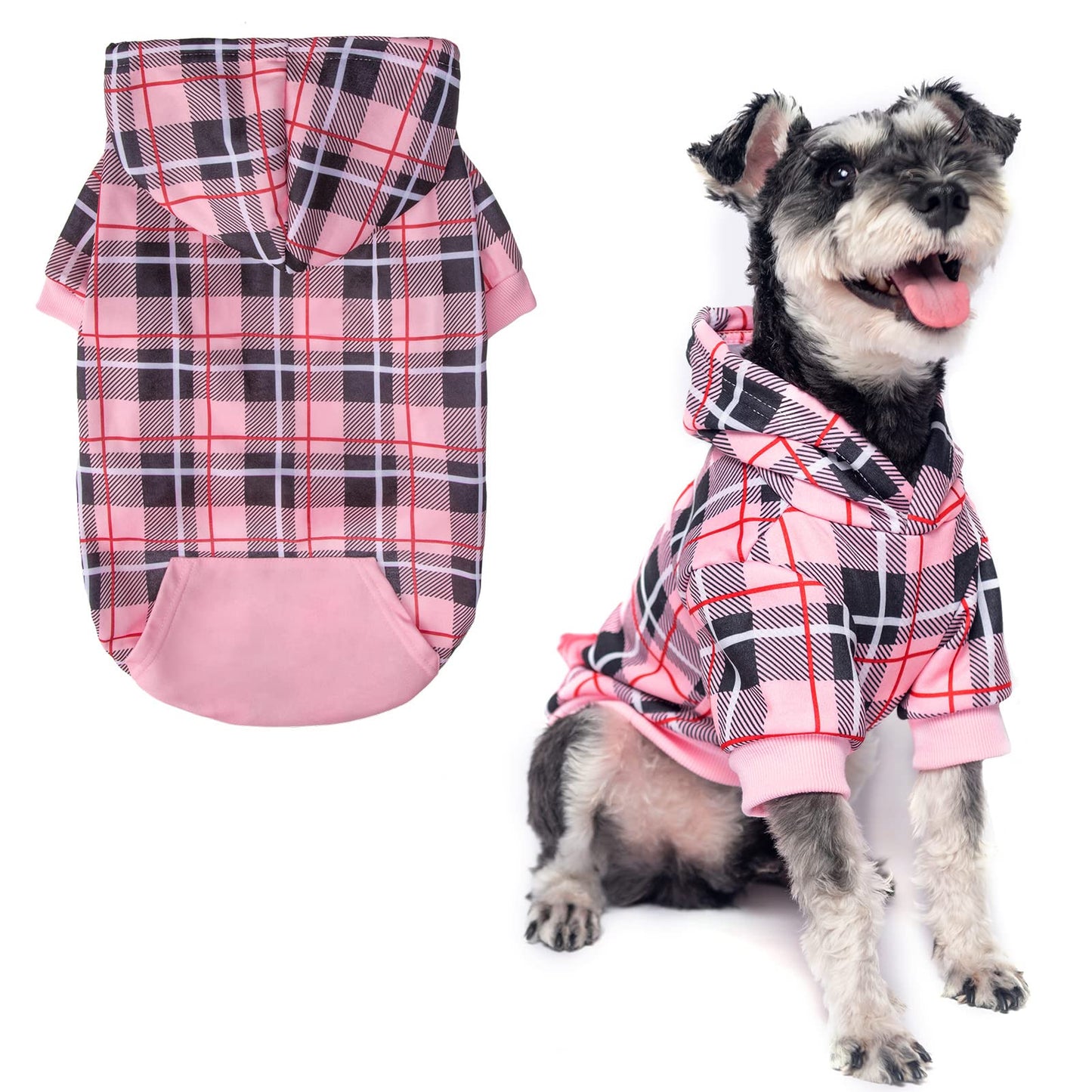 EXPAWLORER Plaid Dog Hoodie - British Style Soft and Warm Dog Sweater with Leash Hole, Hooded Cold Weather Clothes, Dog Sweatshirt, Outfits, Winter Coat for Small Medium Large Dogs