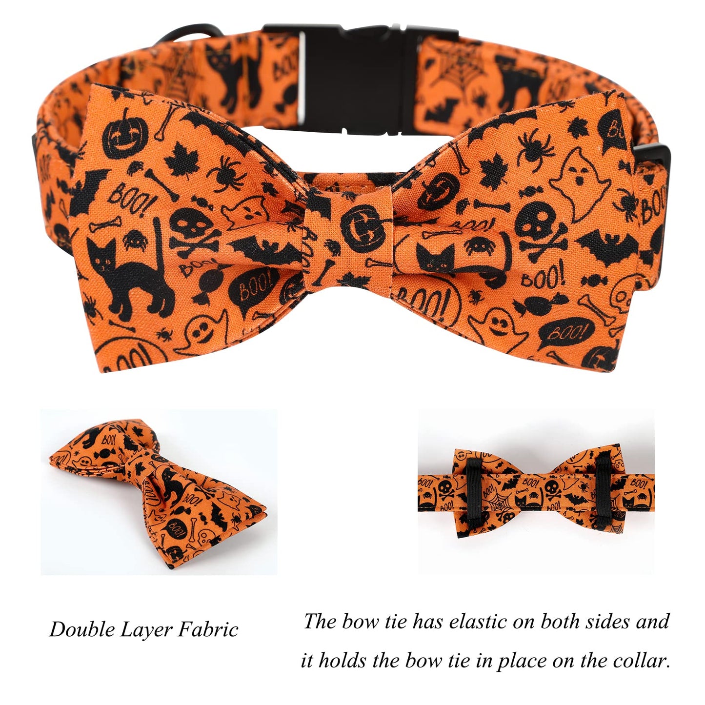 Lionet Paws Halloween Dog Collar with Bowtie - Cute Cotton Adjustable Fall Bowtie Dog Collar with Metal Buckle for Small Medium Large Dog Girl Boy Gift, M, Neck 13.5-22in