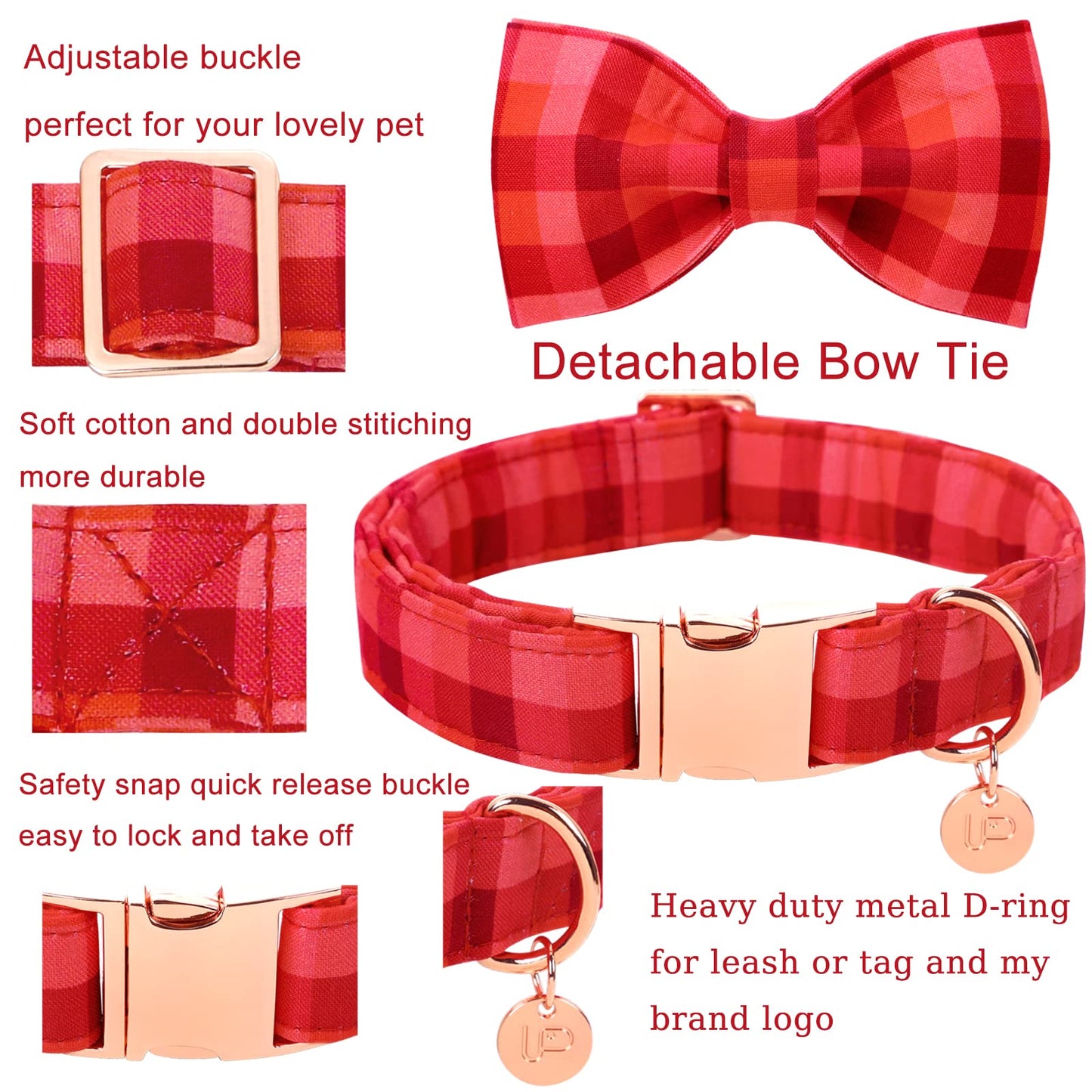 Valentine’s Day Dog Collar with Bow Tie, Valentine Bowtie Collar with Metal Buckle, Valentine’s Day Gift Pet Collar for Medium Girl Boy Dog, Wedding Dog Collar, Red, M, Neck 13.5-22in