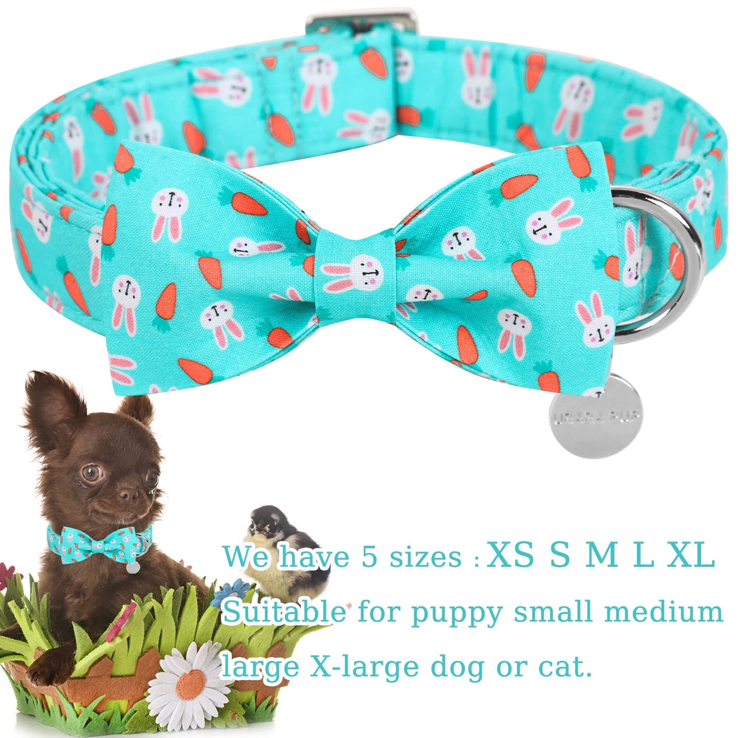 Easter Dog Collar with Bow Tie, Cotton Easter Bowtie Collar for Small Girl Boy Dog, Cute Carrot Pet Collar with Metal Buckle, Easter Day Gift Dog Collar, Blue, S, Neck 10-16in