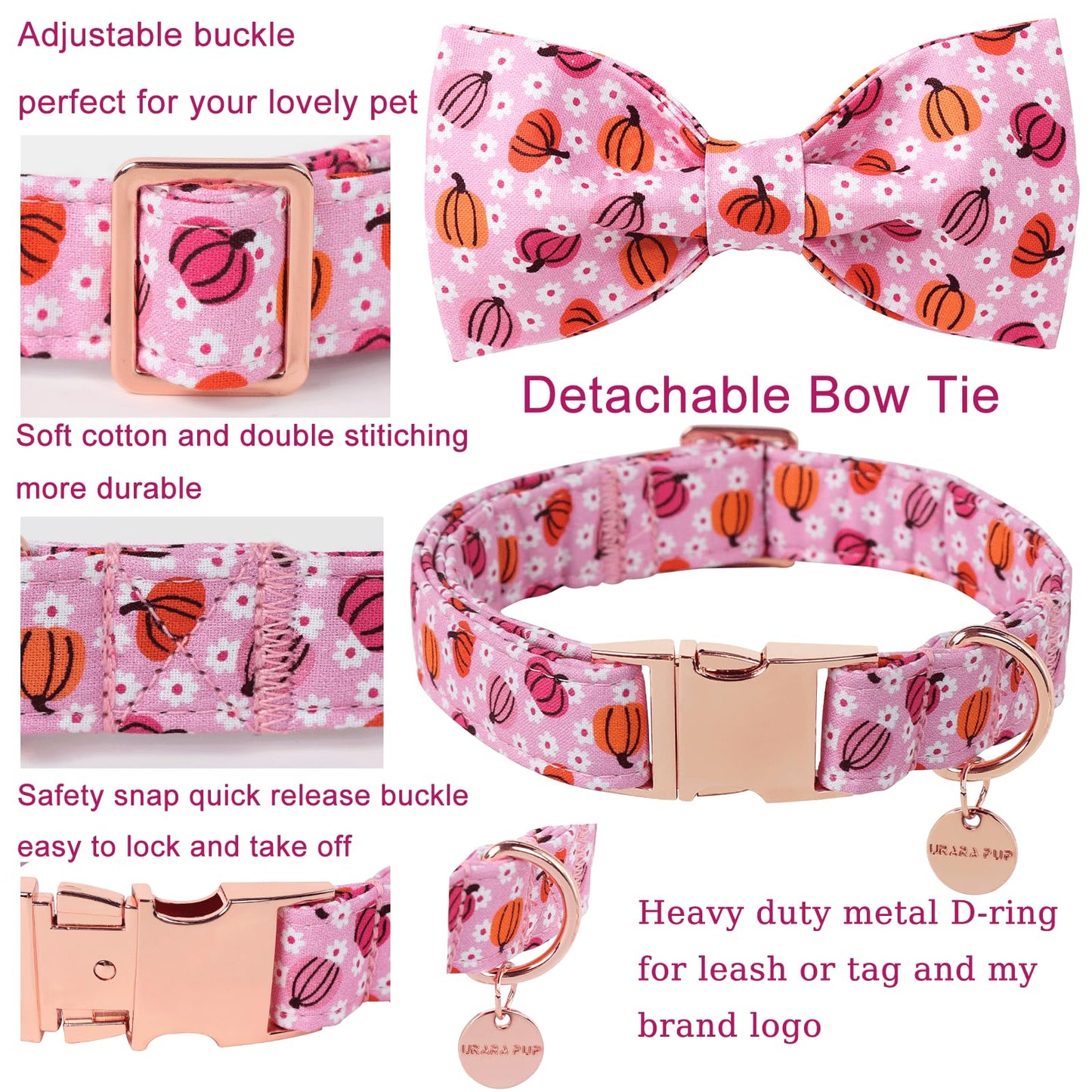 Dog Collar with Bow Tie, Comfortable Adjustable Cotton Bowtie Collar for Medium Girl Boy Dog, Fall Dog Collar with Metal Buckle, M, Neck 13.5-22in