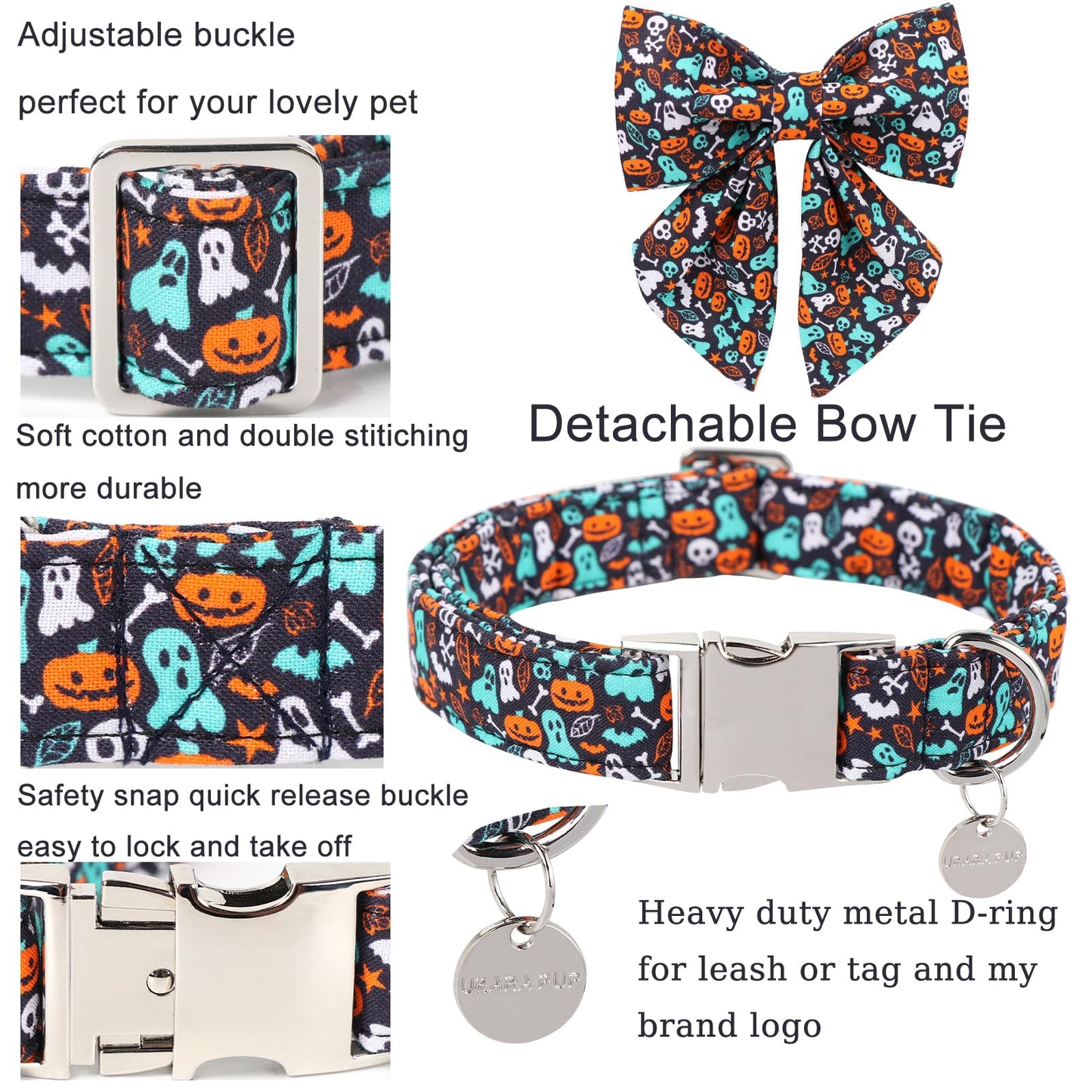 Thanksgiving Dog Collar with Bow Tie, Turkey Cotton Bowtie Collar for Puppy Girl Dog or Cat, Autumn Bow Tie Collar with Durable Metal Buckle, Turkeys Pet Collar, S, Neck 10-16in