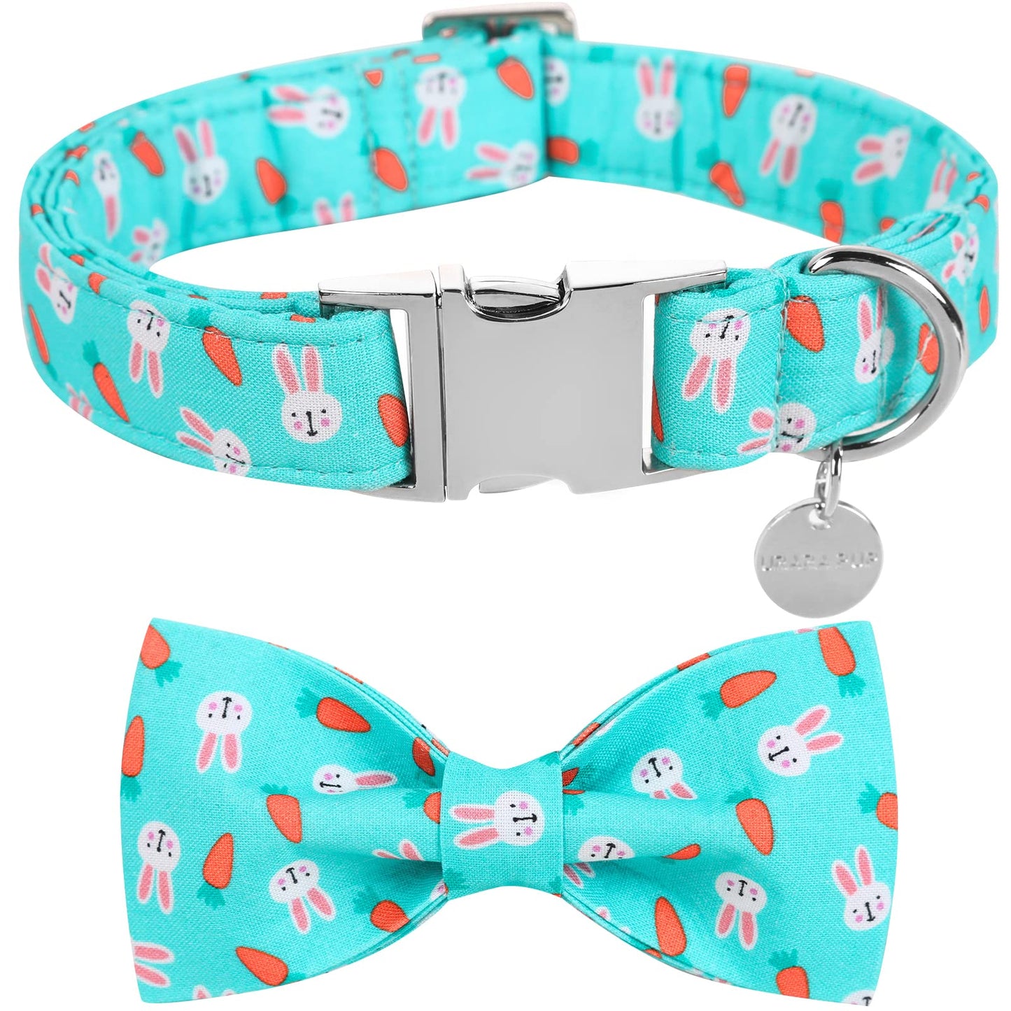 Easter Dog Collar with Bow Tie, Cotton Easter Bowtie Collar for Small Girl Boy Dog, Cute Carrot Pet Collar with Metal Buckle, Easter Day Gift Dog Collar, Blue, S, Neck 10-16in