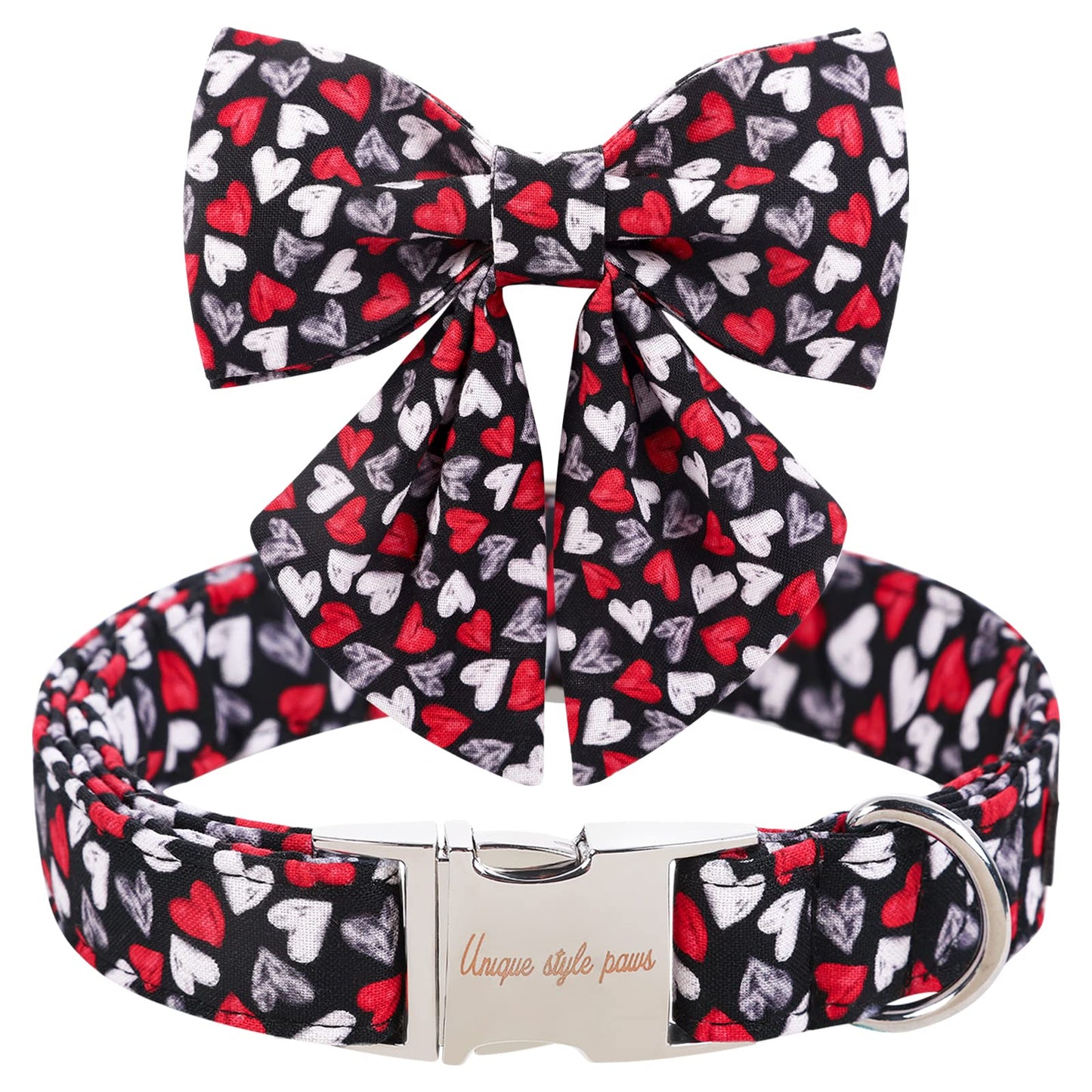 Unique style paws Valentine's Day Dog Collar with Bow Tie Black & Red Heart Puppy Collar Best Gothic Style Gift for Small Medium Large Boys Girls-M