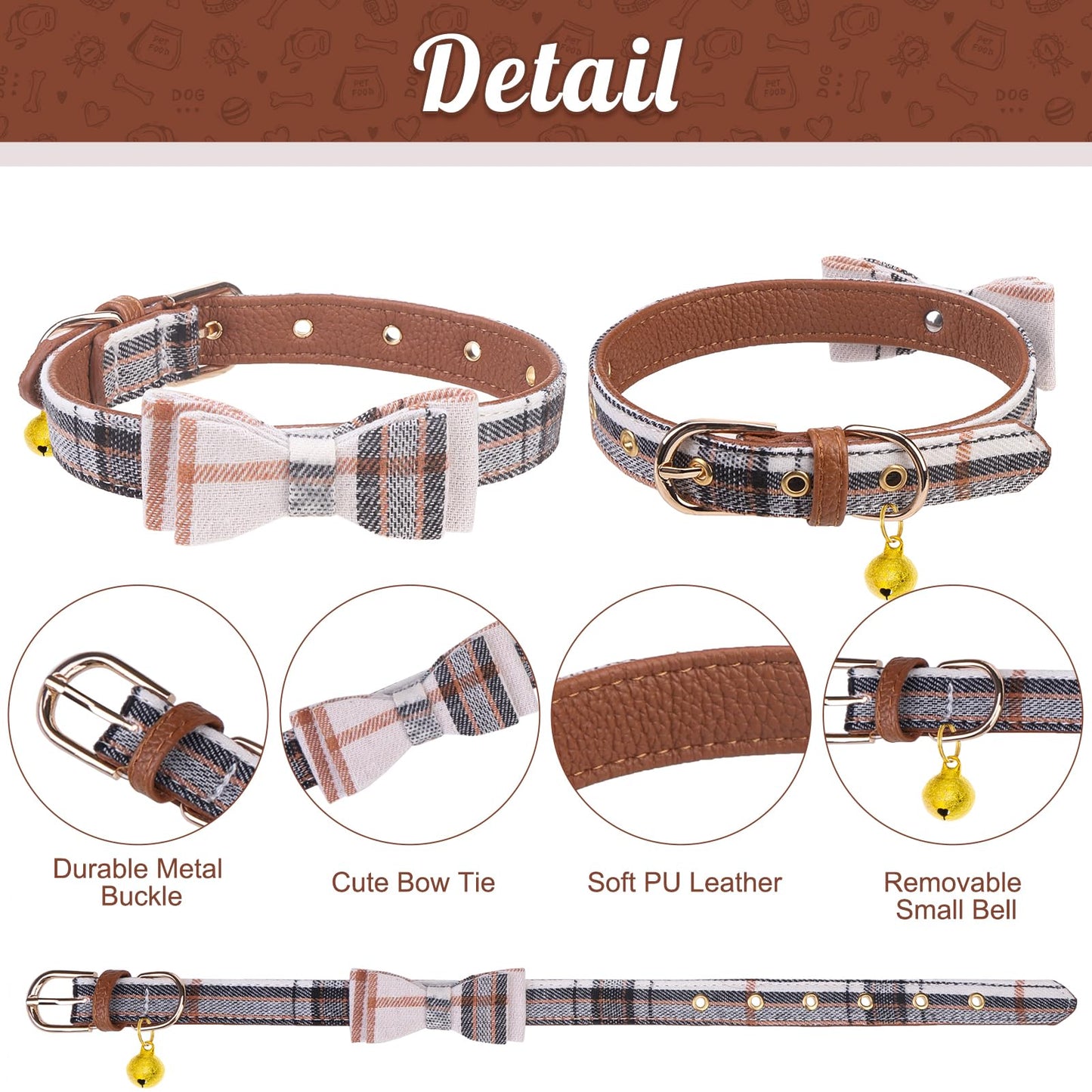 EXPAWLORER Dog Leash Set - Classic Plaid Dog Bow Tie and Dog Bandana Collar with Bell, Tangle Free, Adjustable Collars for Small Medium Large Dogs Cats, Holiday Ideal Gift