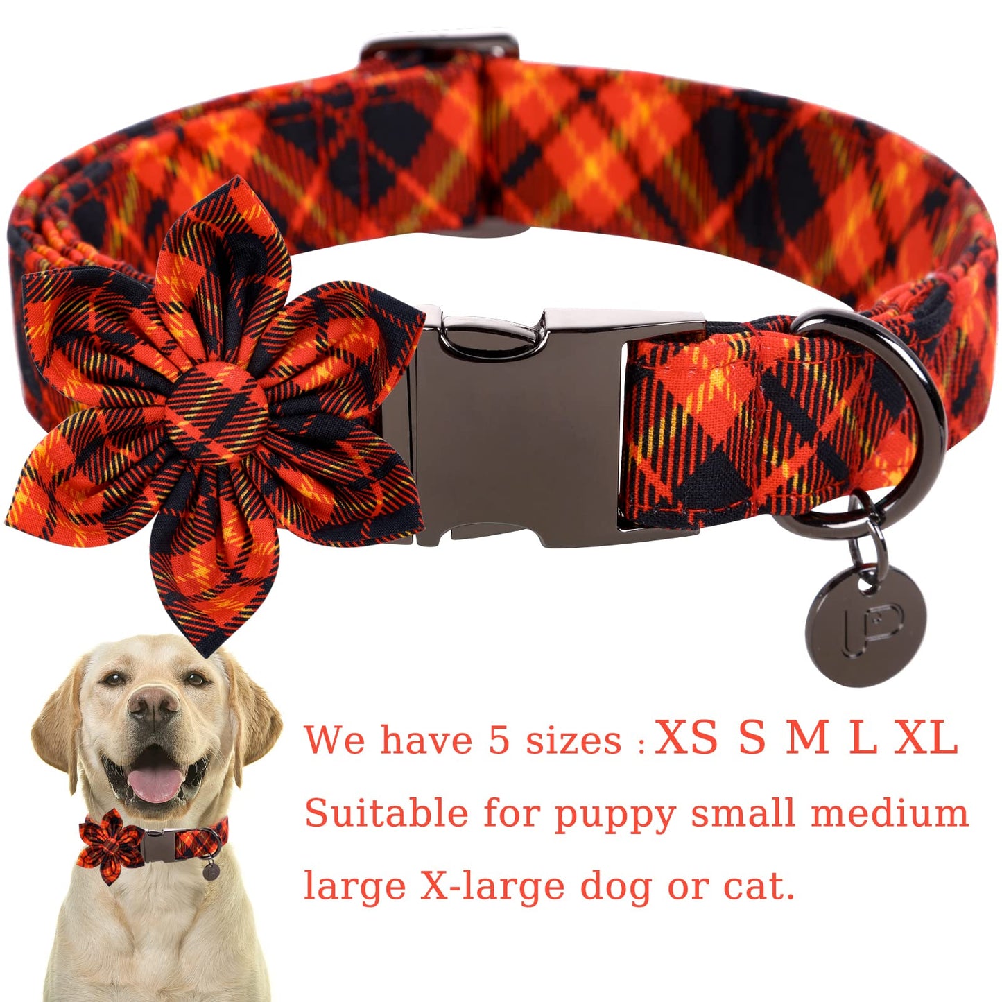 Dog Collar with Bow Tie, Comfortable Adjustable Cotton Bowtie Collar for Medium Girl Boy Dog, Fall Dog Collar with Metal Buckle, M, Neck 13.5-22in