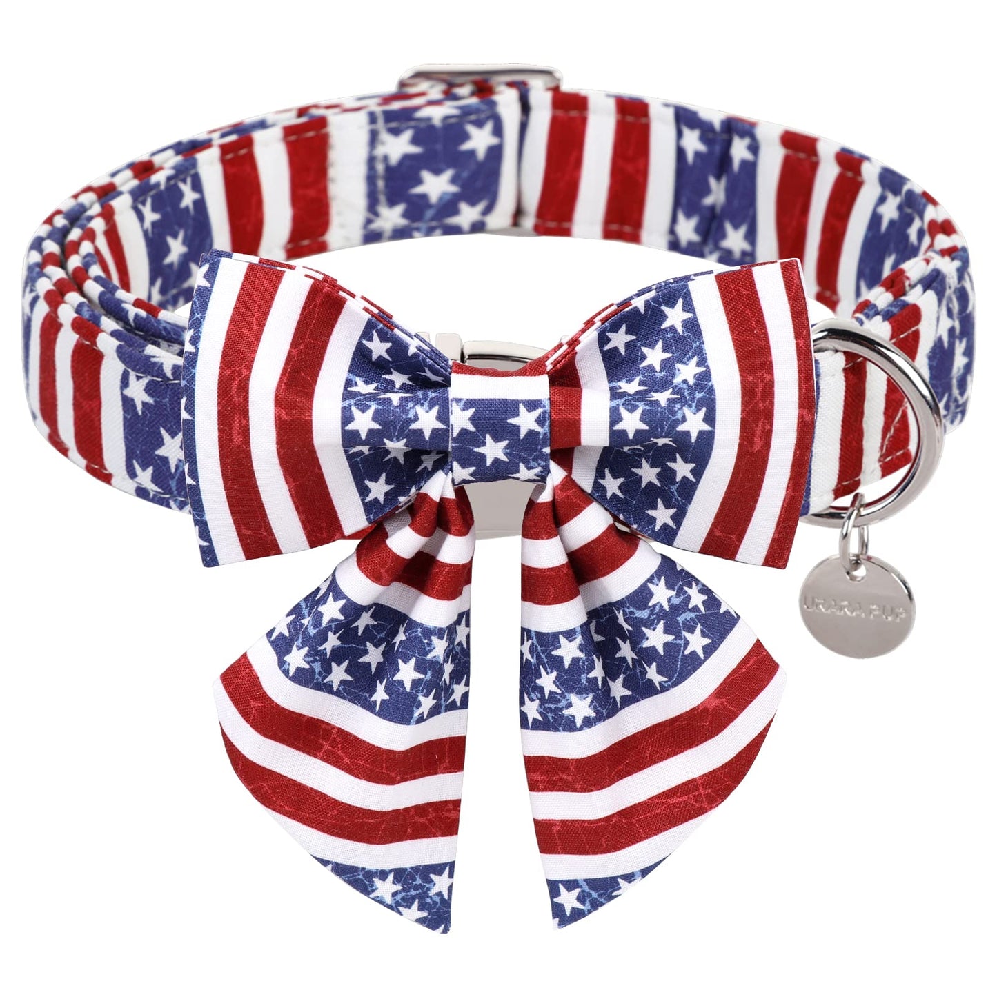 American Flag Dog Collar with Bow Tie, 4th of July Comfortable Cotton Cute Dog Collar with Metal Buckle, Patriotic Bowtie Collar for Puppy Girl Boy Dog, XL, Neck 16-26in