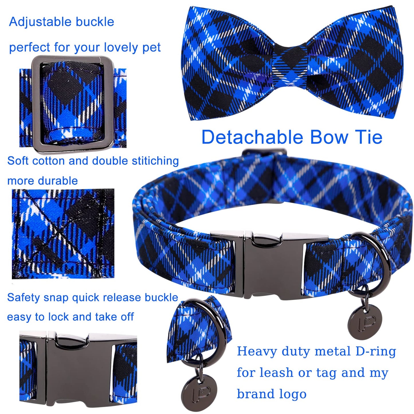 Dog Collar with Bow Tie, Comfortable Adjustable Cotton Bowtie Collar for Medium Girl Boy Dog, Fall Dog Collar with Metal Buckle, M, Neck 13.5-22in