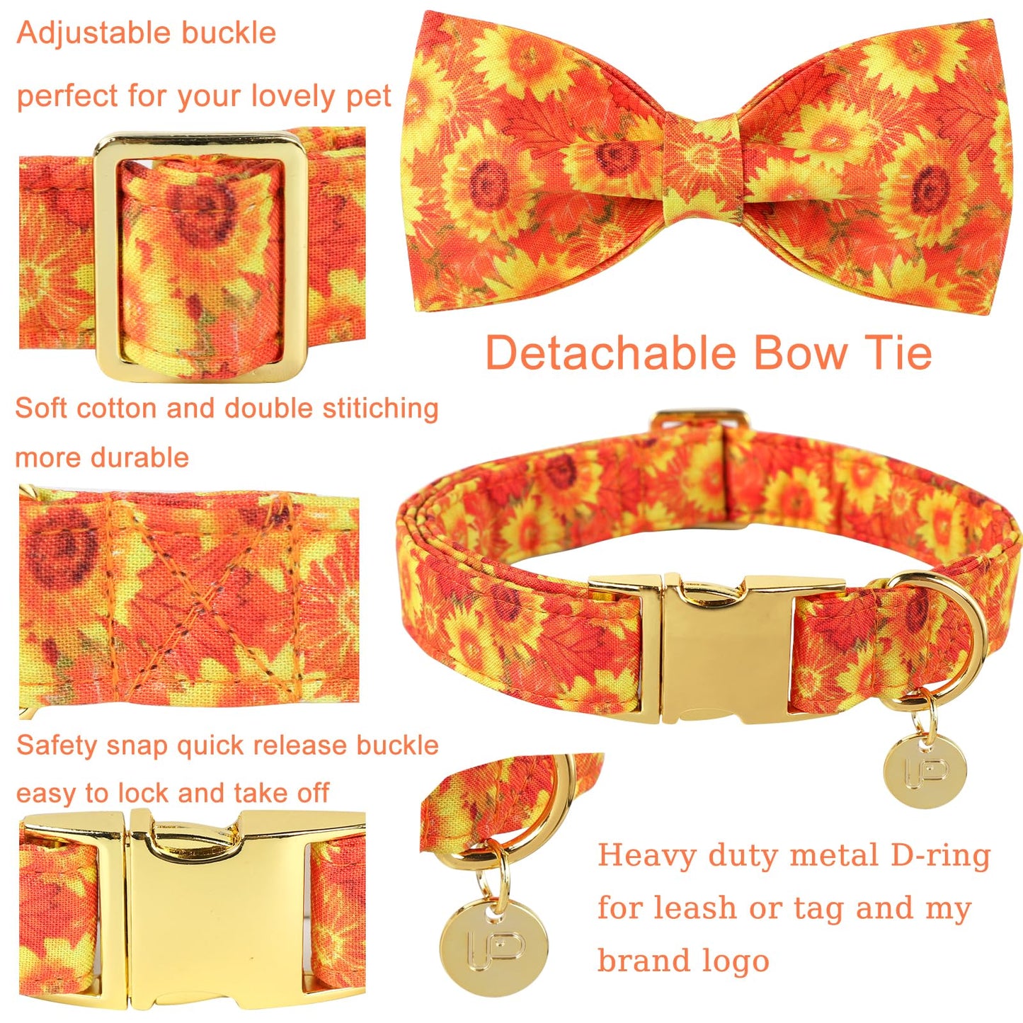 Thanksgiving Dog Collar with Bow Tie, Turkey Cotton Bowtie Collar for Puppy Girl Dog or Cat, Autumn Bow Tie Collar with Durable Metal Buckle, Turkeys Pet Collar, S, Neck 10-16in