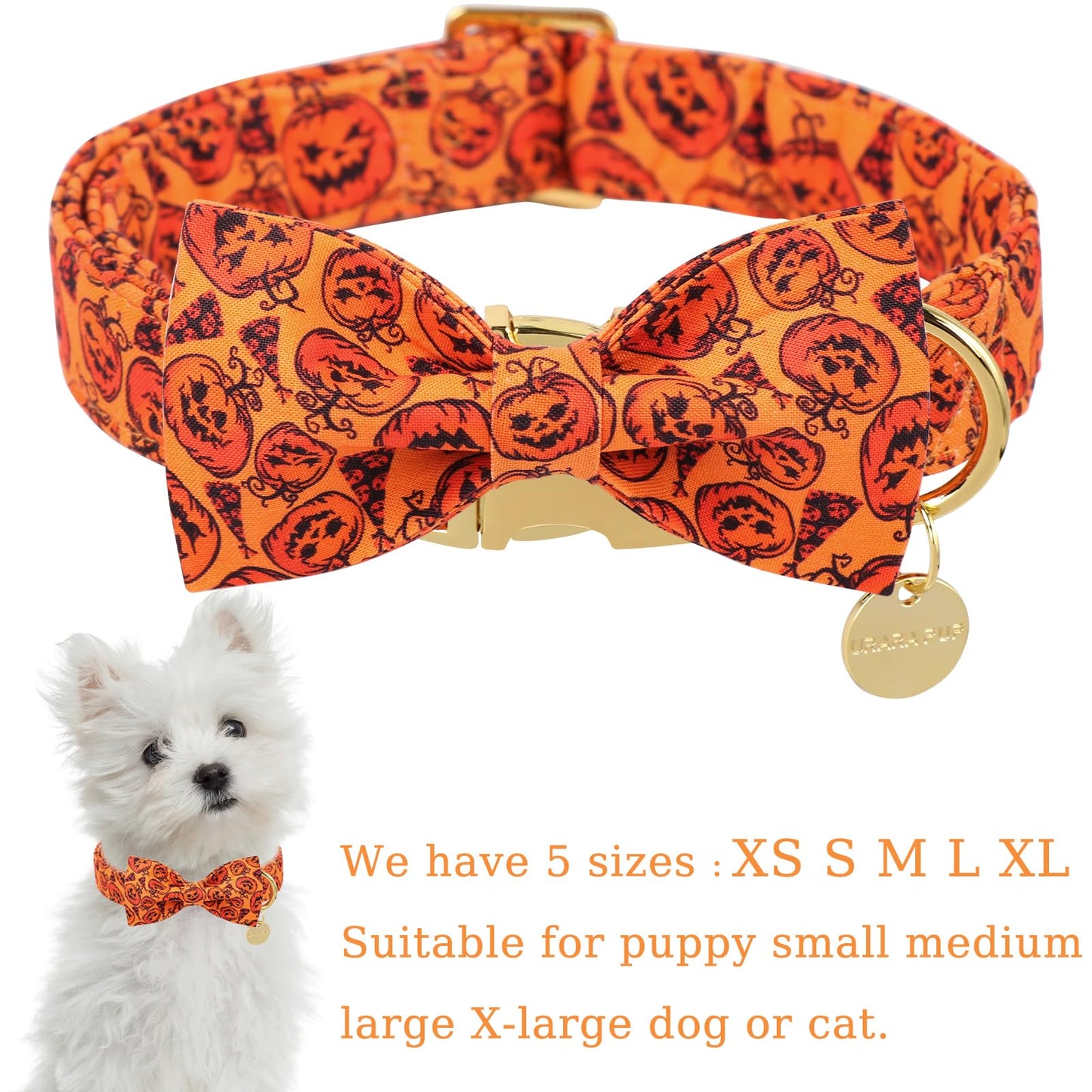 Thanksgiving Dog Collar with Bow Tie, Turkey Cotton Bowtie Collar for Puppy Girl Dog or Cat, Autumn Bow Tie Collar with Durable Metal Buckle, Turkeys Pet Collar, S, Neck 10-16in