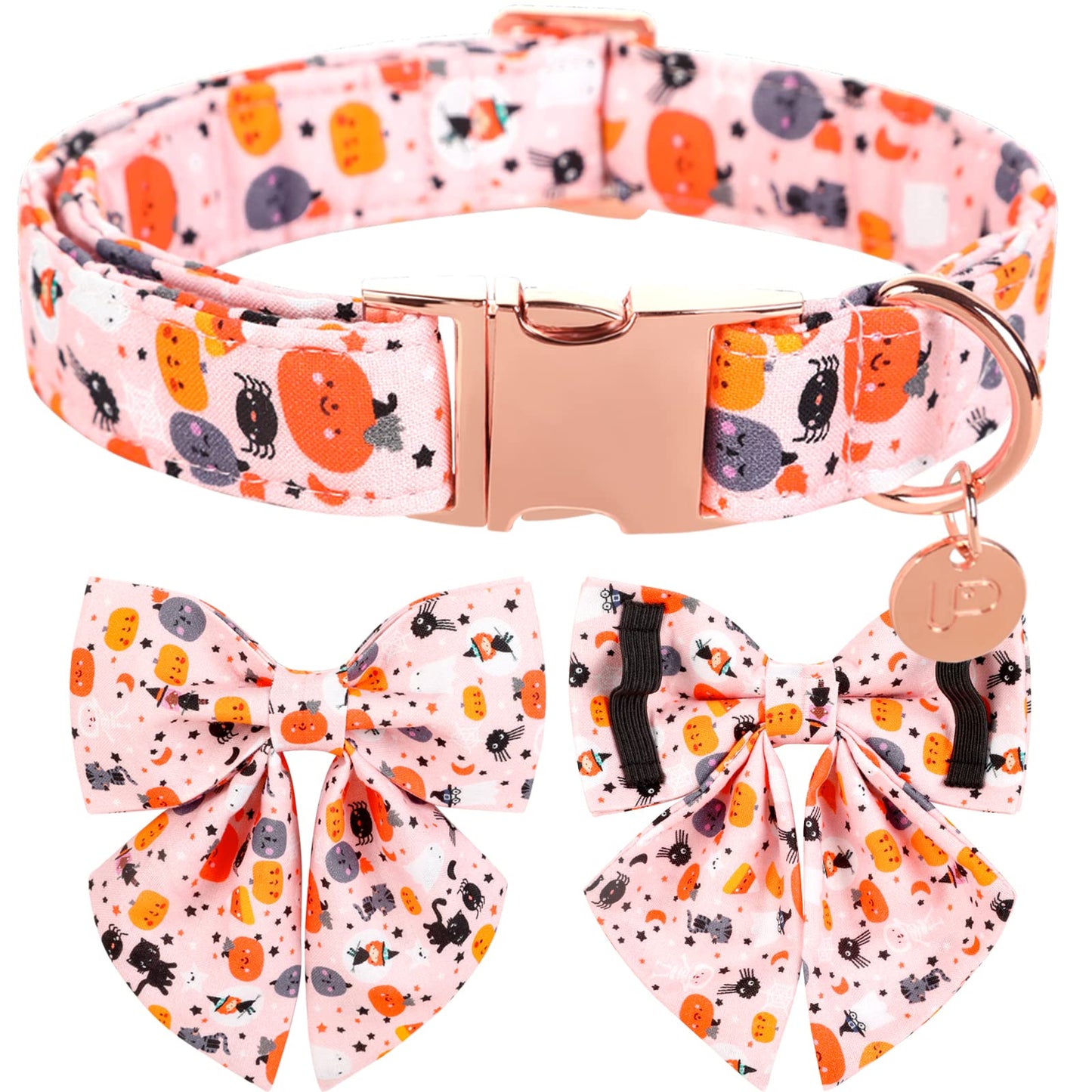 Dog Collar with Bow Tie, Comfortable Adjustable Cotton Bowtie Collar for Medium Girl Boy Dog, Fall Dog Collar with Metal Buckle, M, Neck 13.5-22in