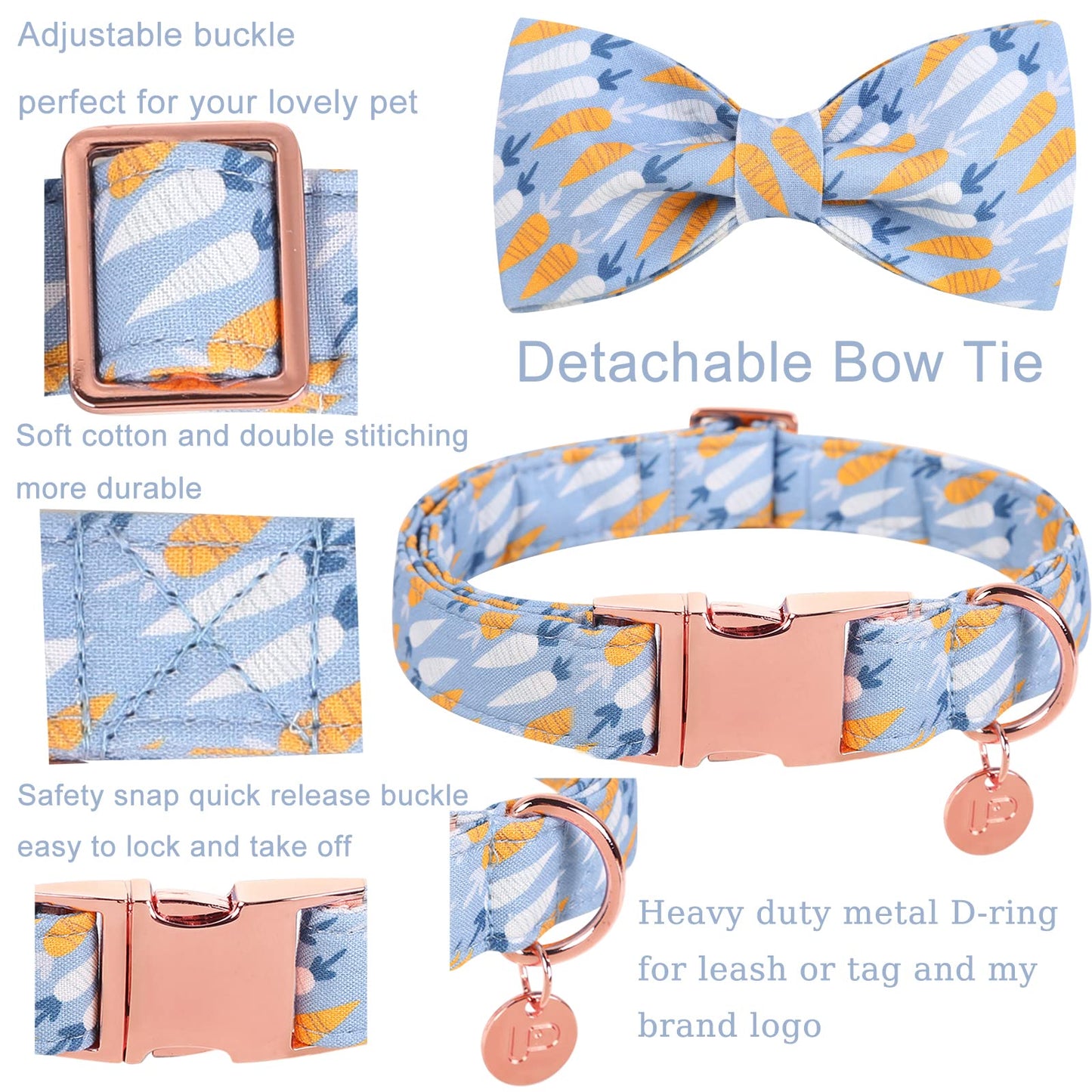 Easter Dog Collar with Bow Tie, Cotton Easter Bowtie Collar for Small Girl Boy Dog, Cute Carrot Pet Collar with Metal Buckle, Easter Day Gift Dog Collar, Blue, S, Neck 10-16in