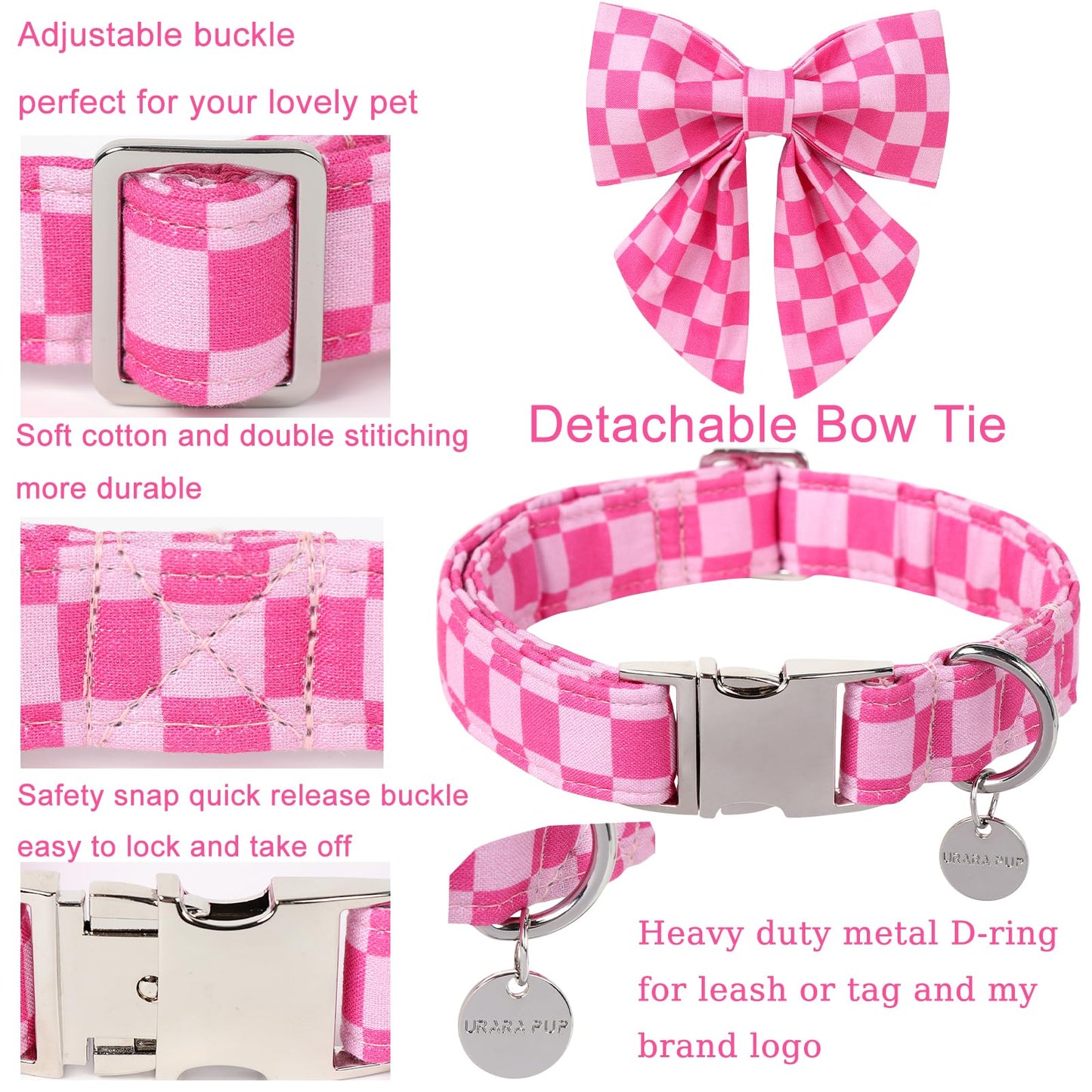 Dog Collar with Bow Tie,UP URARA PUP Pink Plaid Bowtie Dog Collar, Summer Bowtie Collar for Puppy Boy Girl Dog, Comfortable Cotton Dog Collar with Metal Buckle,M,Neck 13.5-22in