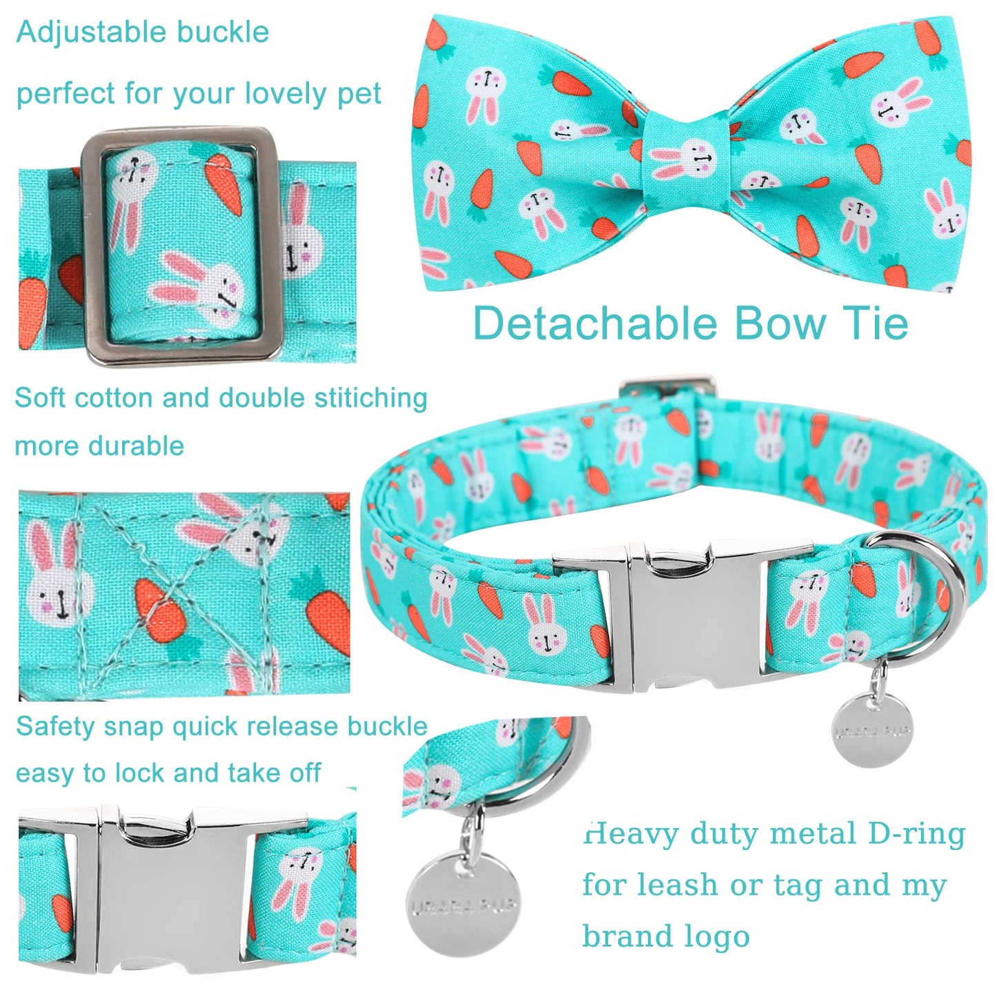 Easter Dog Collar with Bow Tie, Cotton Easter Bowtie Collar for Small Girl Boy Dog, Cute Carrot Pet Collar with Metal Buckle, Easter Day Gift Dog Collar, Blue, S, Neck 10-16in