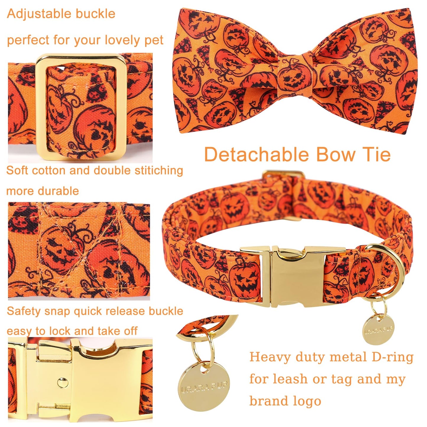 Thanksgiving Dog Collar with Bow Tie, Turkey Cotton Bowtie Collar for Puppy Girl Dog or Cat, Autumn Bow Tie Collar with Durable Metal Buckle, Turkeys Pet Collar, S, Neck 10-16in