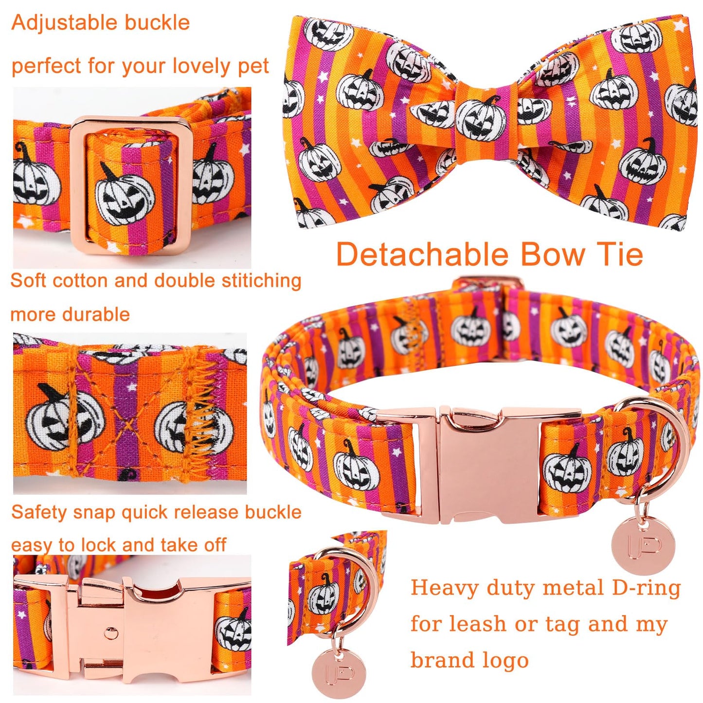 Dog Collar with Bow Tie, Comfortable Adjustable Cotton Bowtie Collar for Medium Girl Boy Dog, Fall Dog Collar with Metal Buckle, M, Neck 13.5-22in