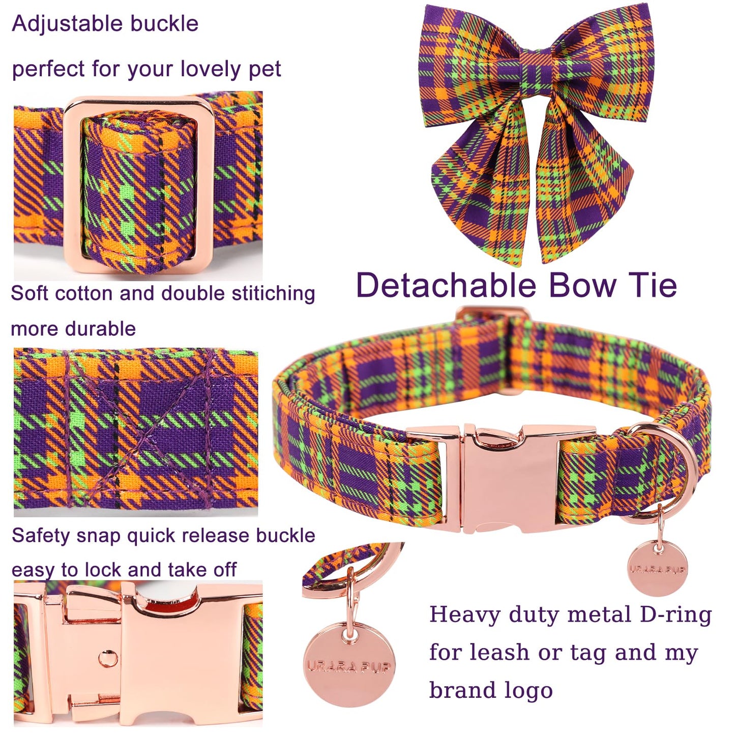 Thanksgiving Dog Collar with Bow Tie, Turkey Cotton Bowtie Collar for Puppy Girl Dog or Cat, Autumn Bow Tie Collar with Durable Metal Buckle, Turkeys Pet Collar, S, Neck 10-16in