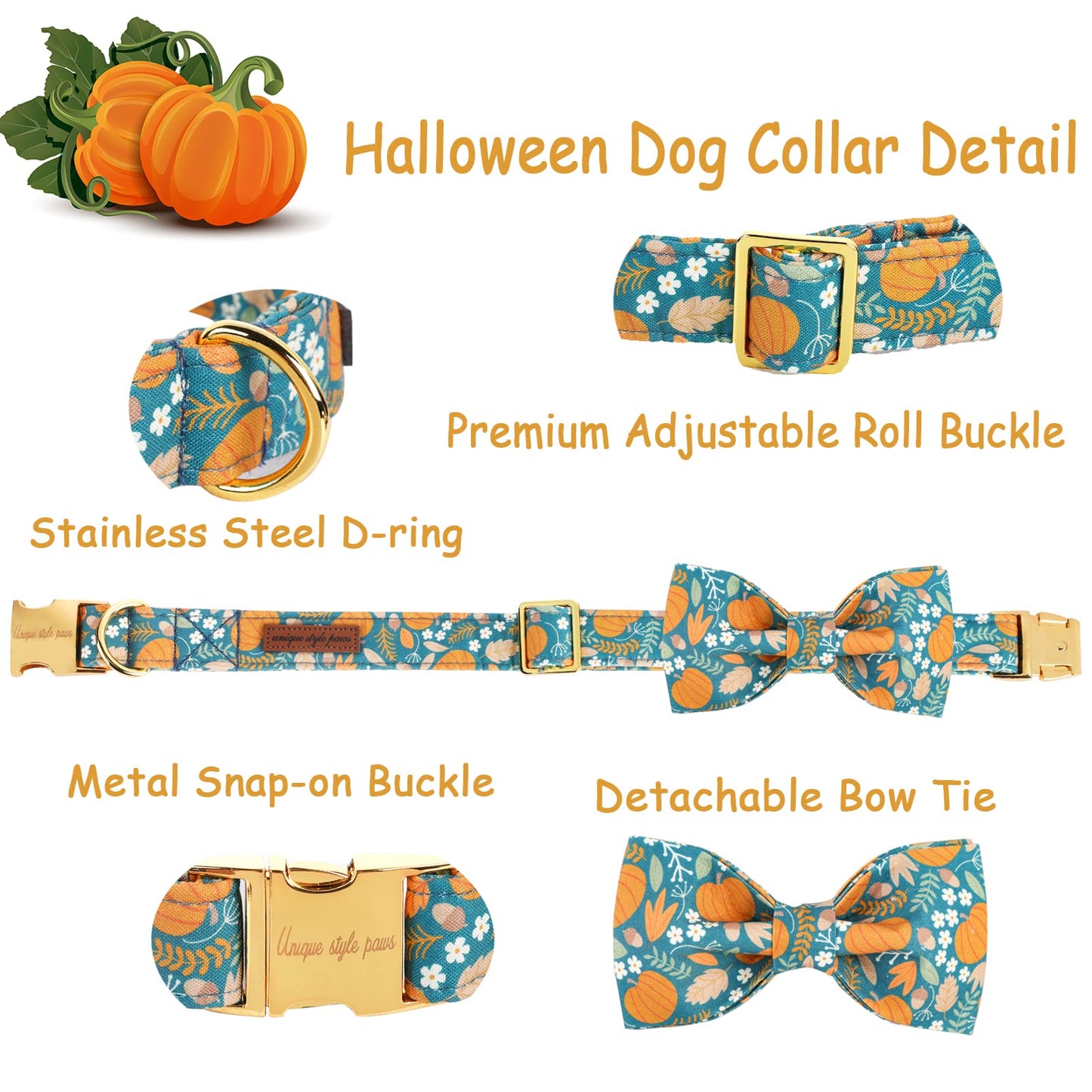 Unique style paws Halloween Dog Collar with Bow Tie Pumpkin Cotton Collar Adjustable Puppy Collar for Small Medium Large Dogs-S