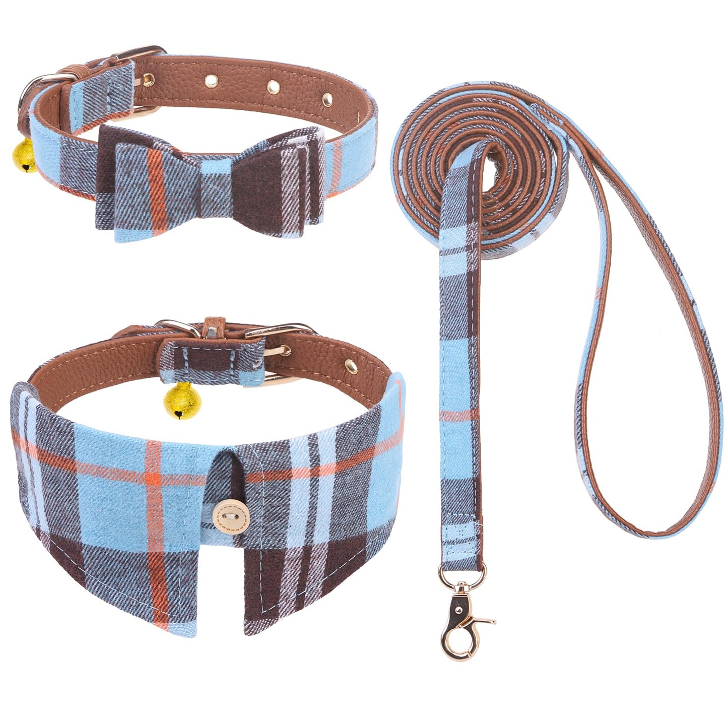 EXPAWLORER Dog Leash Set - Classic Plaid Dog Bow Tie and Dog Bandana Collar with Bell, Tangle Free, Adjustable Collars for Small Medium Large Dogs Cats, Holiday Ideal Gift