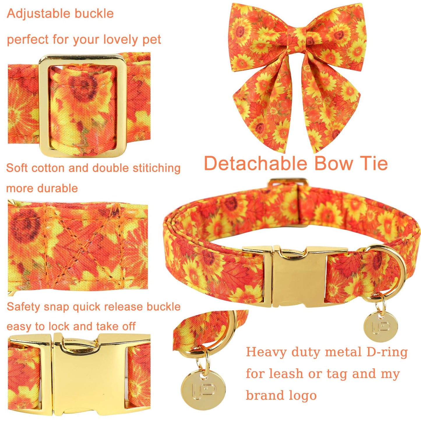 Thanksgiving Dog Collar with Bow Tie, Turkey Cotton Bowtie Collar for Puppy Girl Dog or Cat, Autumn Bow Tie Collar with Durable Metal Buckle, Turkeys Pet Collar, S, Neck 10-16in