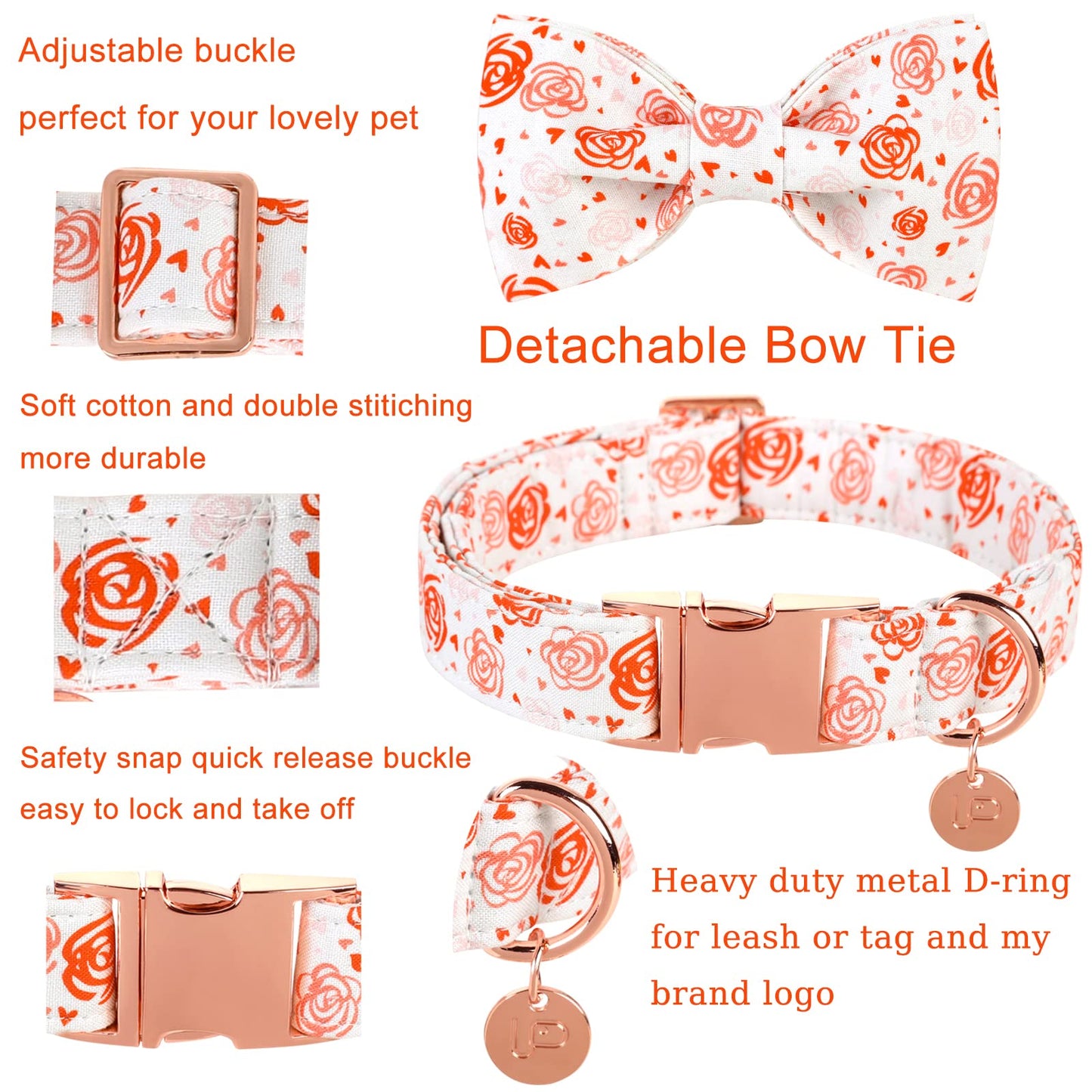 Valentine’s Day Dog Collar with Bow Tie, Valentine Bowtie Collar with Metal Buckle, Valentine’s Day Gift Pet Collar for Medium Girl Boy Dog, Wedding Dog Collar, Red, M, Neck 13.5-22in