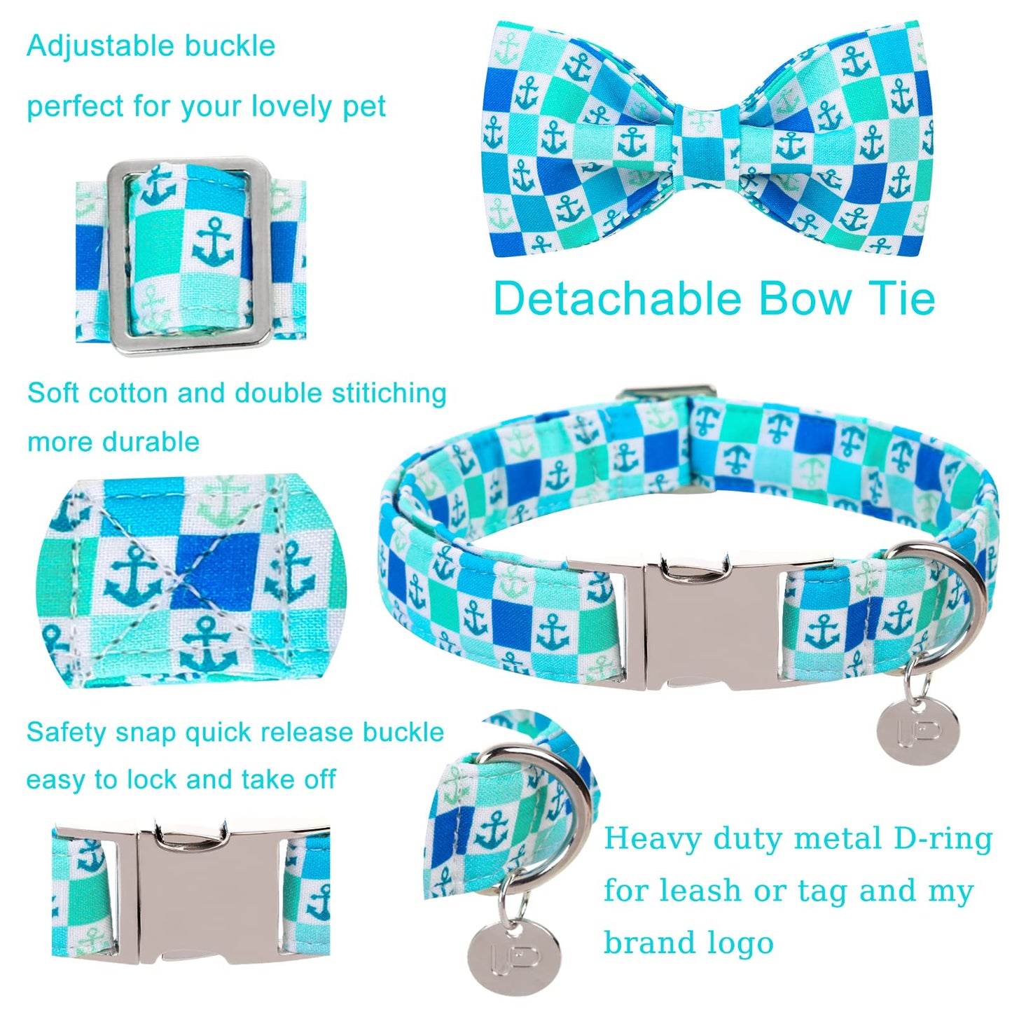 American Flag Dog Collar with Bow Tie, 4th of July Comfortable Cotton Cute Dog Collar with Metal Buckle, Patriotic Bowtie Collar for Puppy Girl Boy Dog, XL, Neck 16-26in