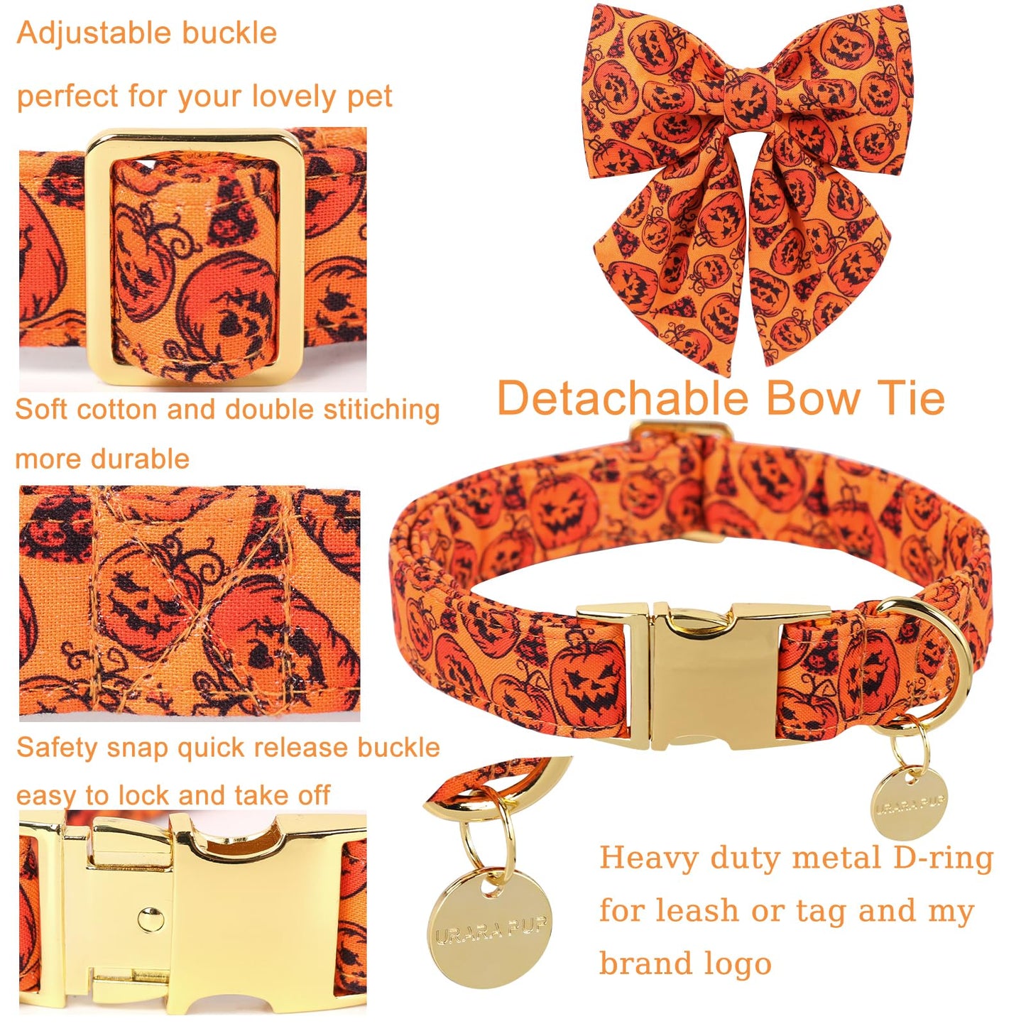 Thanksgiving Dog Collar with Bow Tie, Turkey Cotton Bowtie Collar for Puppy Girl Dog or Cat, Autumn Bow Tie Collar with Durable Metal Buckle, Turkeys Pet Collar, S, Neck 10-16in