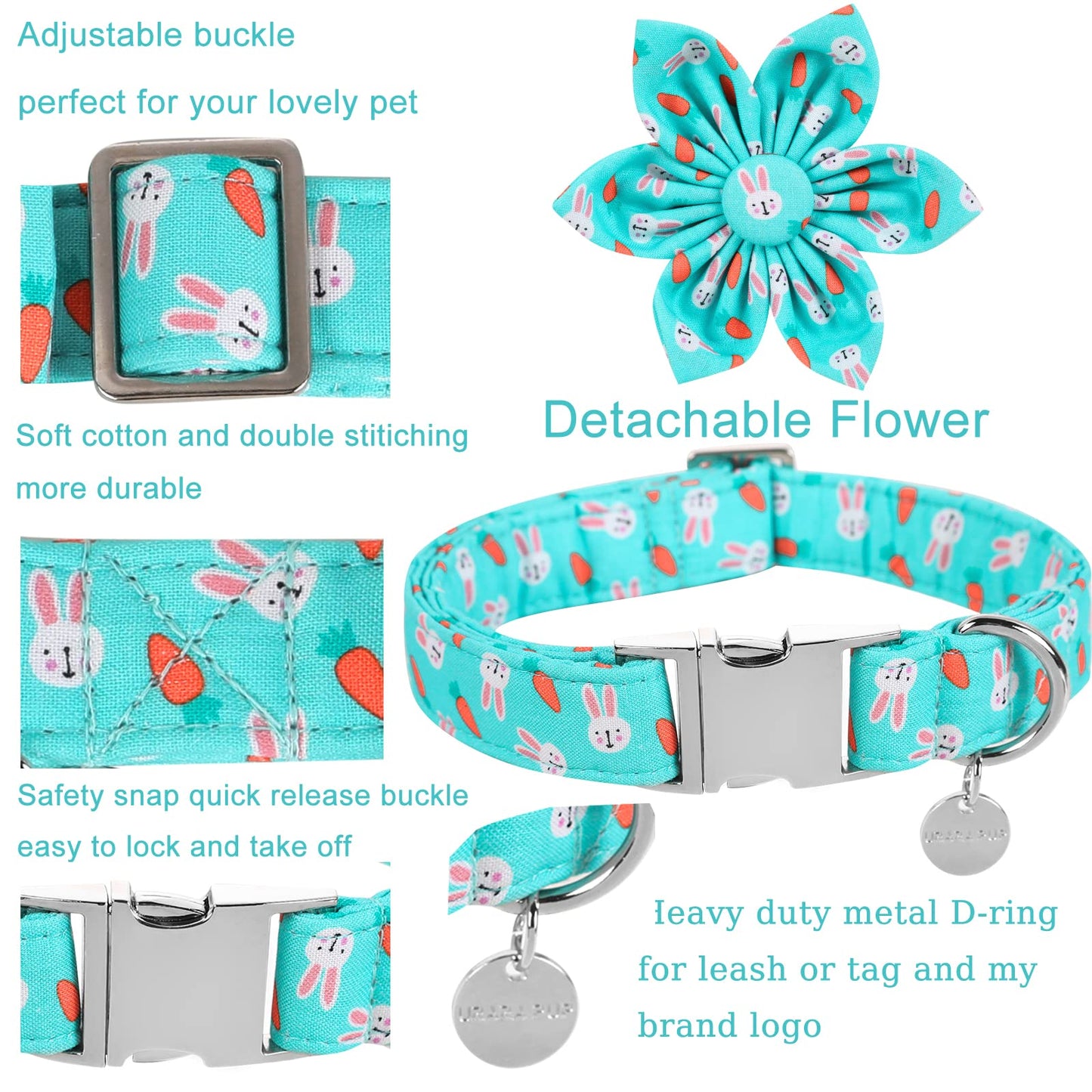 Easter Dog Collar with Bow Tie, Cotton Easter Bowtie Collar for Small Girl Boy Dog, Cute Carrot Pet Collar with Metal Buckle, Easter Day Gift Dog Collar, Blue, S, Neck 10-16in