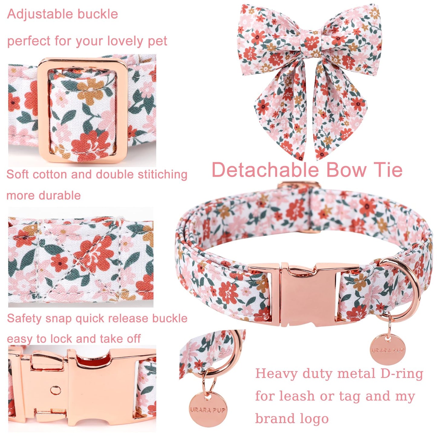 Dog Collar with Bow Tie,UP URARA PUP Pink Plaid Bowtie Dog Collar, Summer Bowtie Collar for Puppy Boy Girl Dog, Comfortable Cotton Dog Collar with Metal Buckle,M,Neck 13.5-22in