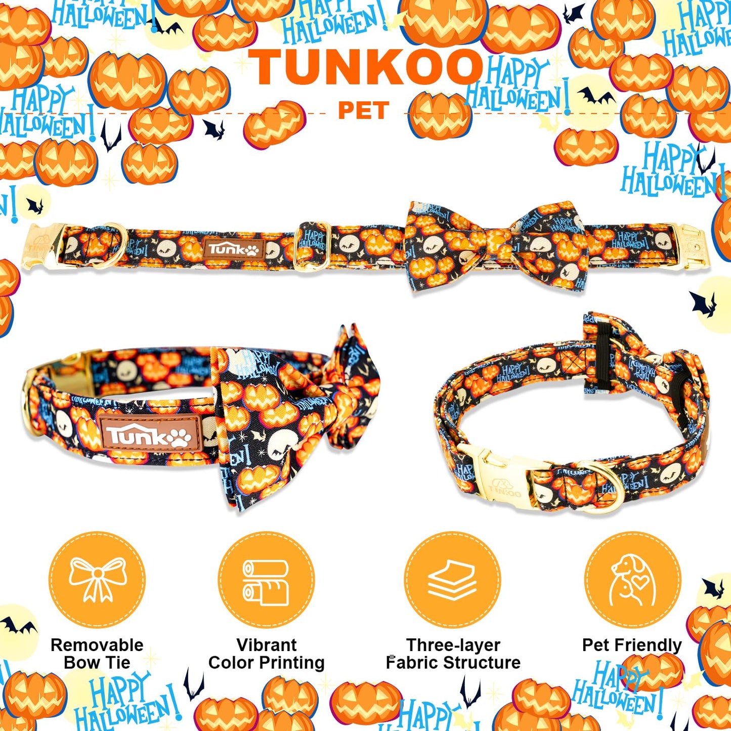 Tunkoo Happy Halloween Dog Collar with Pumpkin - Durable, Adjustable, and Stylish Pet Collar Available in Small, Medium, Large S