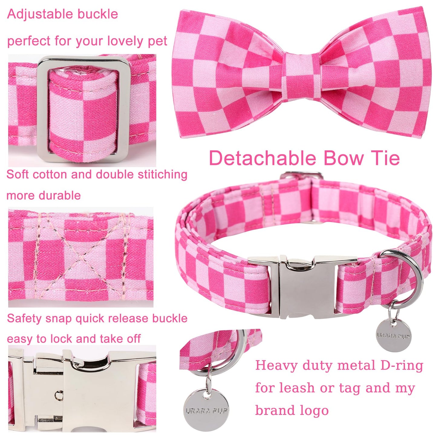 Dog Collar with Bow Tie,UP URARA PUP Pink Plaid Bowtie Dog Collar, Summer Bowtie Collar for Puppy Boy Girl Dog, Comfortable Cotton Dog Collar with Metal Buckle,M,Neck 13.5-22in