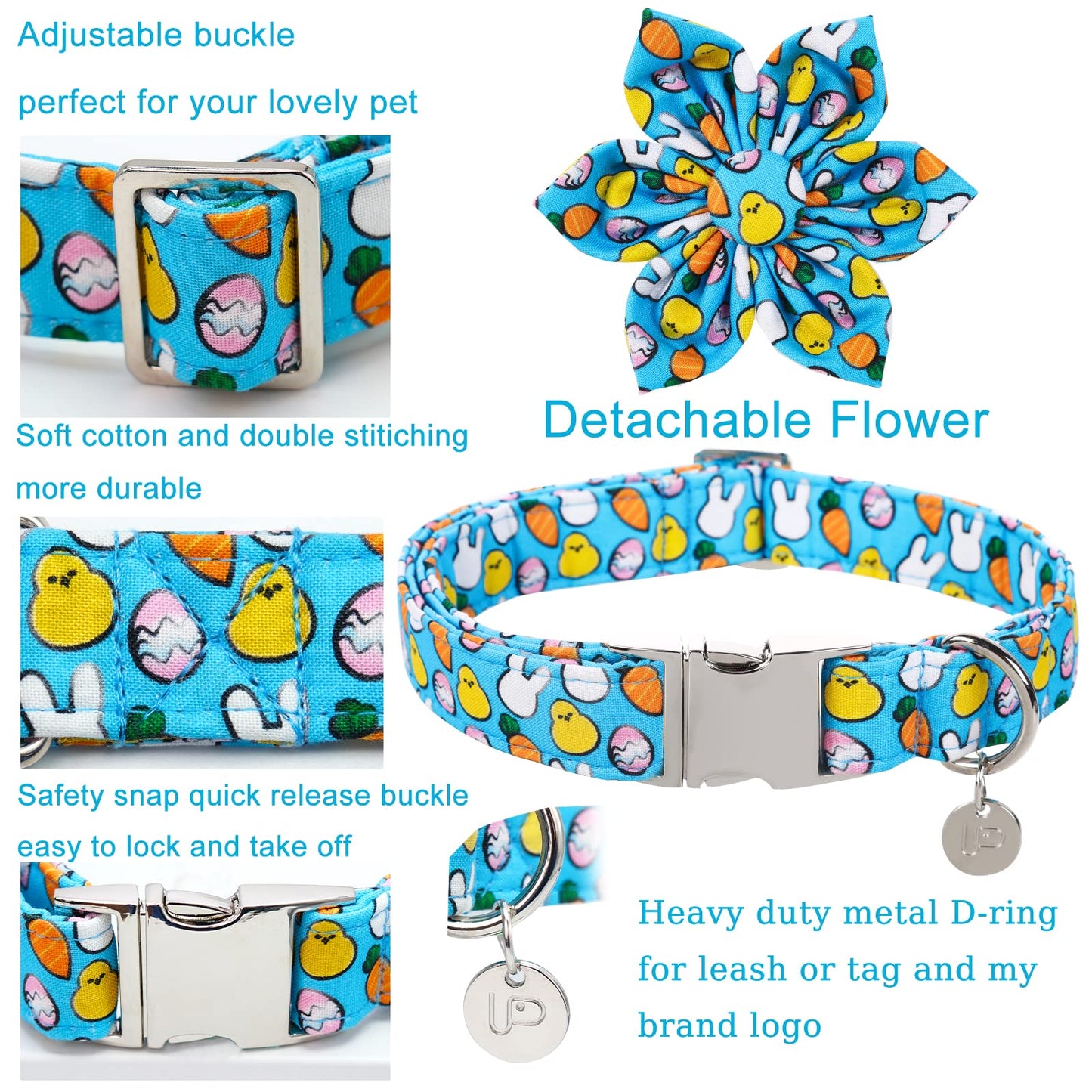 Easter Dog Collar with Bow Tie, Cotton Easter Bowtie Collar for Small Girl Boy Dog, Cute Carrot Pet Collar with Metal Buckle, Easter Day Gift Dog Collar, Blue, S, Neck 10-16in