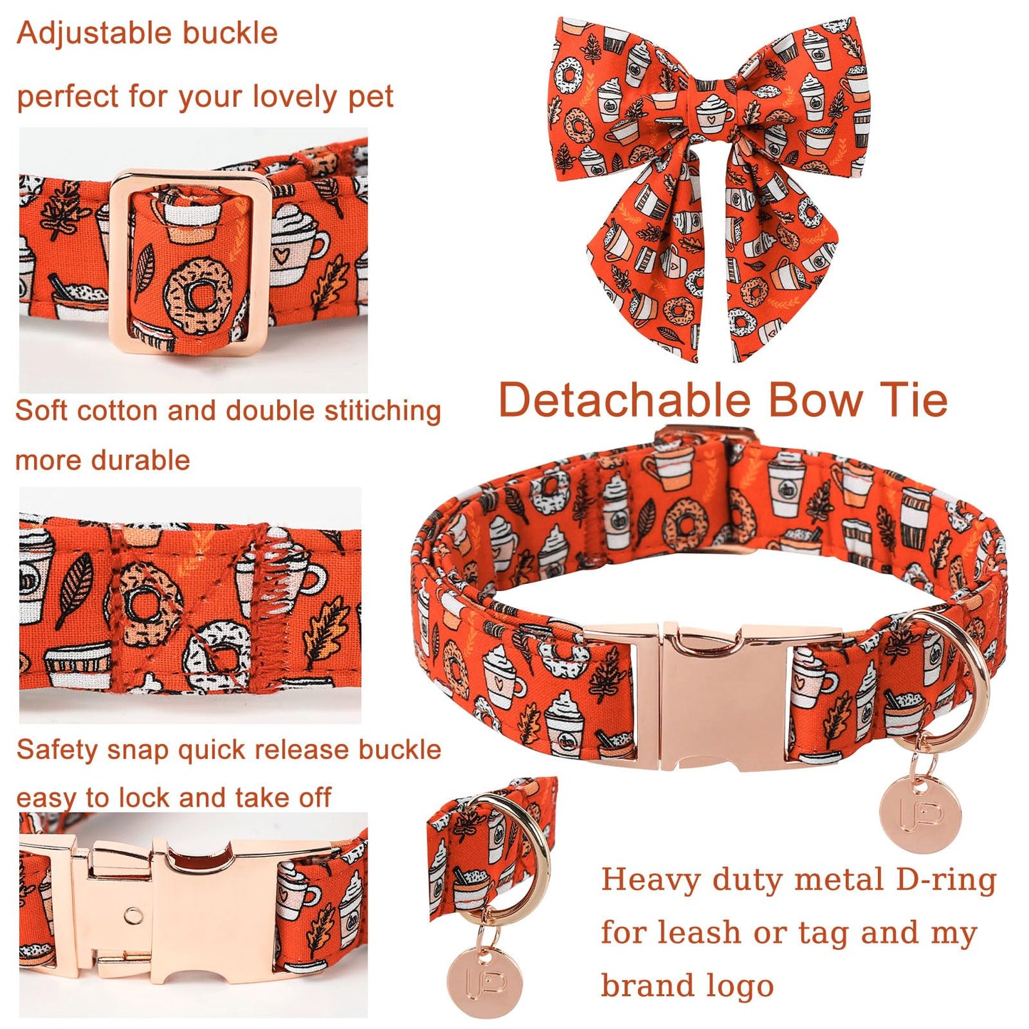 Dog Collar with Bow Tie, Comfortable Adjustable Cotton Bowtie Collar for Medium Girl Boy Dog, Fall Dog Collar with Metal Buckle, M, Neck 13.5-22in