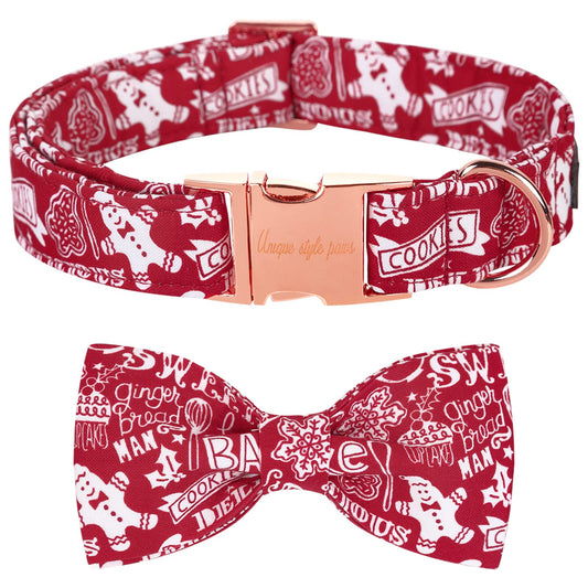 Unique style paws Christmas Dog Collar with Bow Tie Winter Gingerbread Snowman Theme Puppy Collar for Small Medium Large Dogs-M