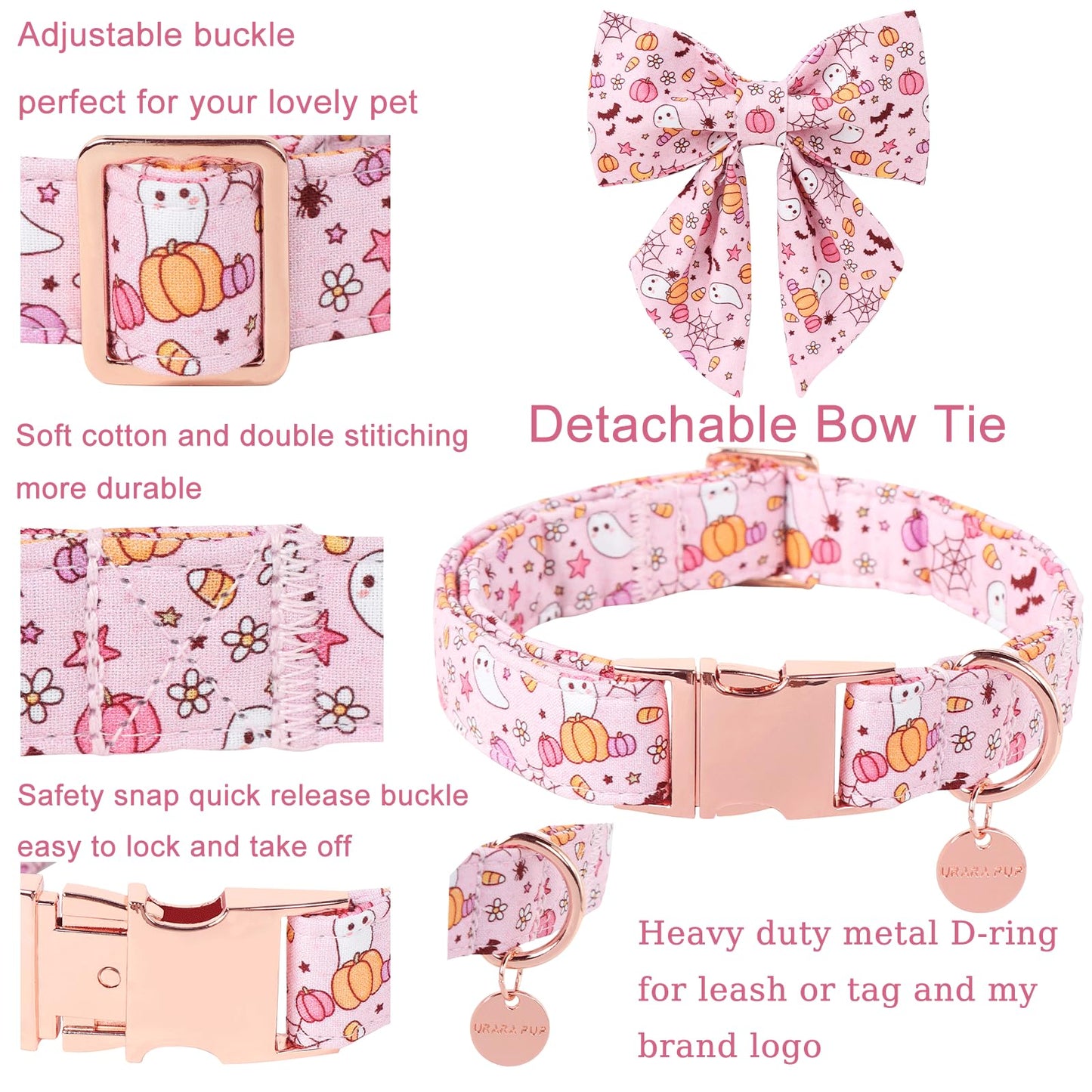 Dog Collar with Bow Tie, Comfortable Adjustable Cotton Bowtie Collar for Medium Girl Boy Dog, Fall Dog Collar with Metal Buckle, M, Neck 13.5-22in