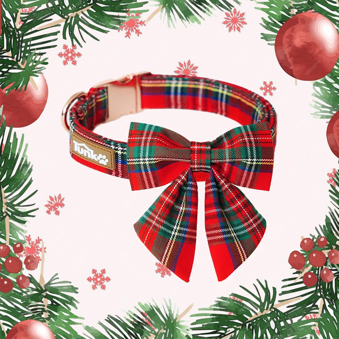 Tunkoo Christmas Dog Collar with Pretty Bow Tie - Red & Green Plaid Pet Collar, Adjustable Available in Small Medium Large, Gift for Girls Boys Dog, S