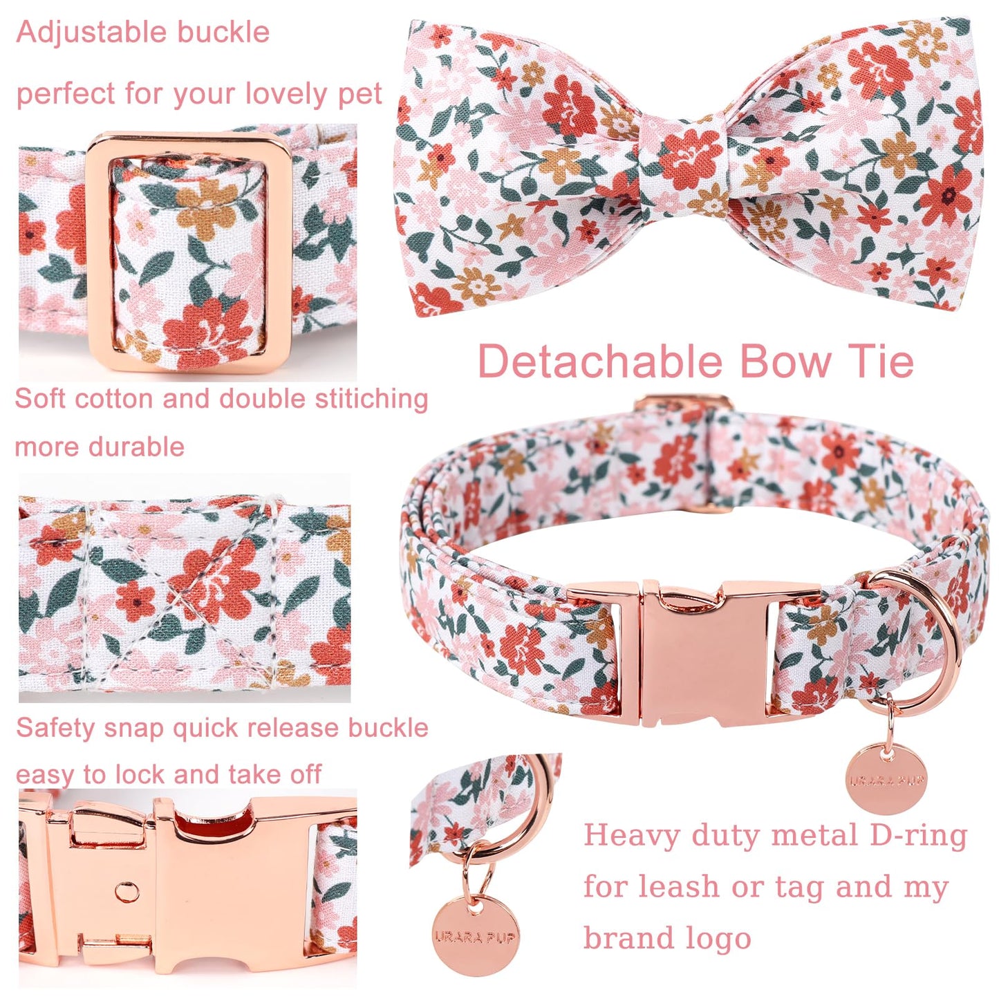 Dog Collar with Bow Tie,UP URARA PUP Pink Plaid Bowtie Dog Collar, Summer Bowtie Collar for Puppy Boy Girl Dog, Comfortable Cotton Dog Collar with Metal Buckle,M,Neck 13.5-22in