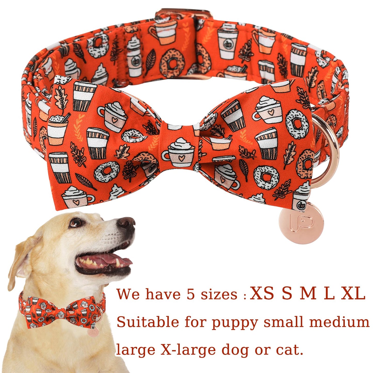 Dog Collar with Bow Tie, Comfortable Adjustable Cotton Bowtie Collar for Medium Girl Boy Dog, Fall Dog Collar with Metal Buckle, M, Neck 13.5-22in