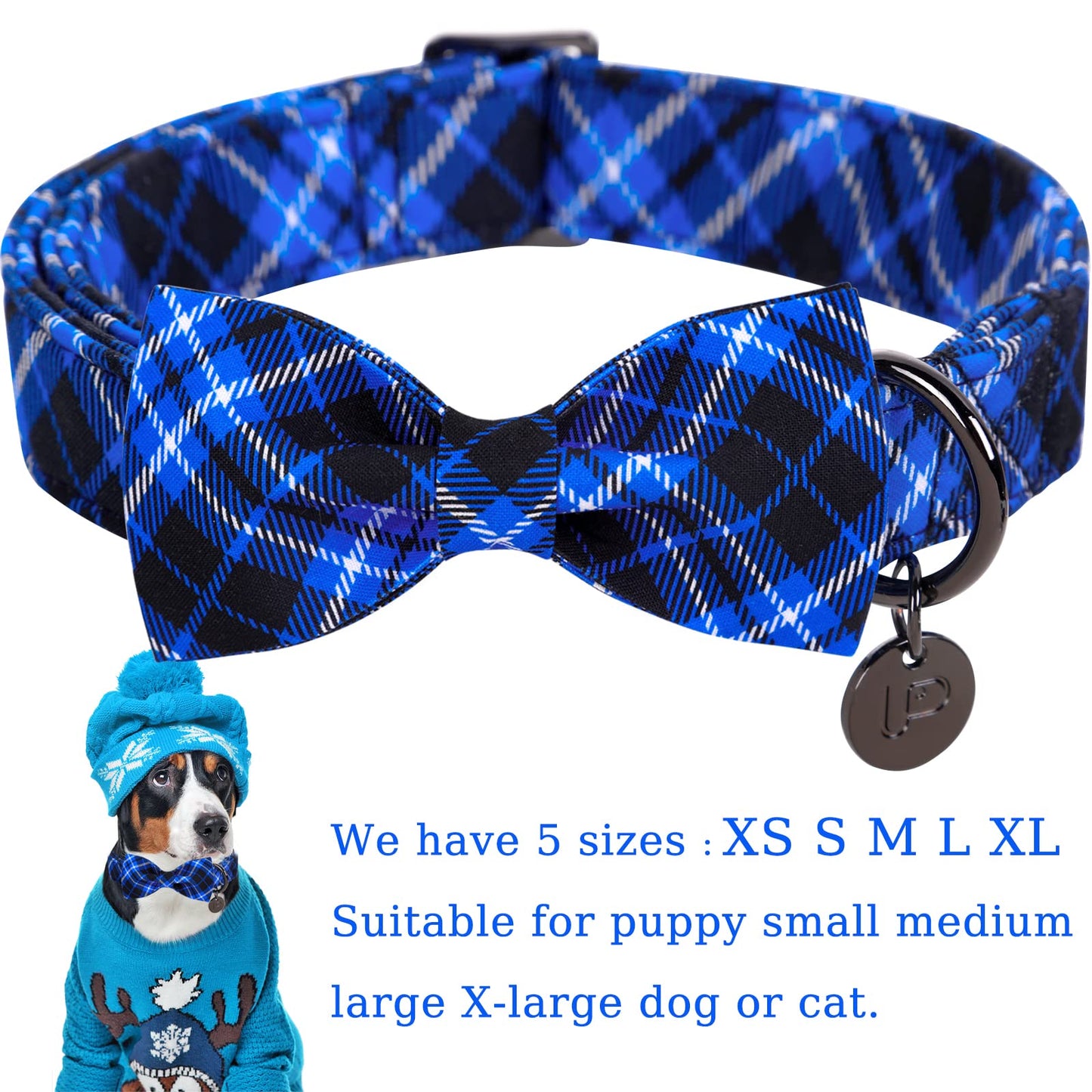 Dog Collar with Bow Tie, Comfortable Adjustable Cotton Bowtie Collar for Medium Girl Boy Dog, Fall Dog Collar with Metal Buckle, M, Neck 13.5-22in