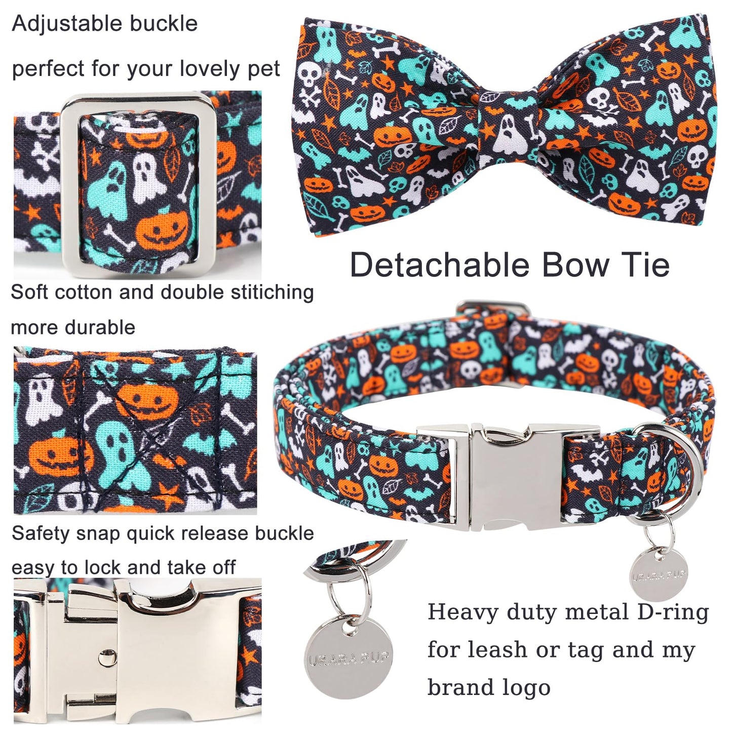 Thanksgiving Dog Collar with Bow Tie, Turkey Cotton Bowtie Collar for Puppy Girl Dog or Cat, Autumn Bow Tie Collar with Durable Metal Buckle, Turkeys Pet Collar, S, Neck 10-16in