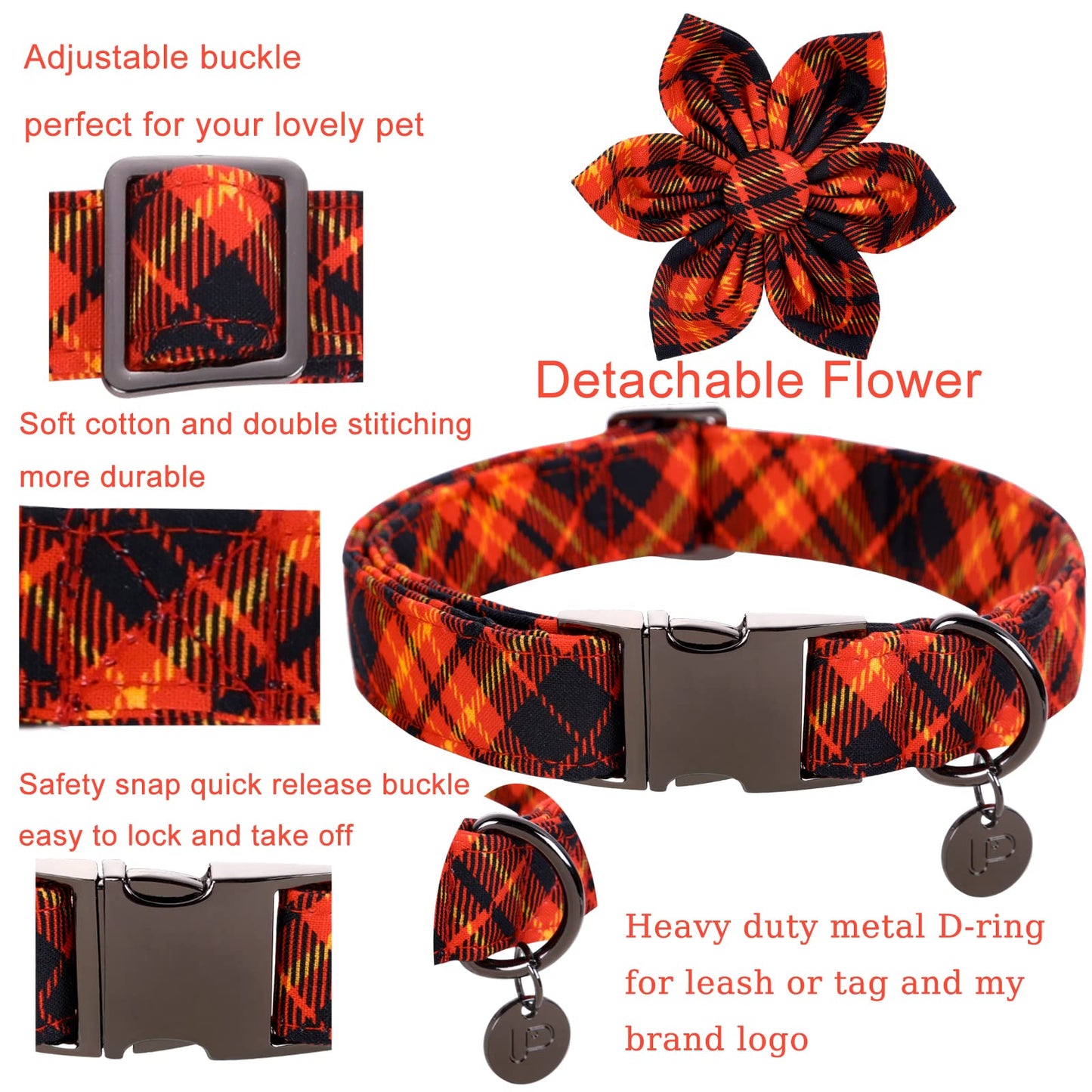 Dog Collar with Bow Tie, Comfortable Adjustable Cotton Bowtie Collar for Medium Girl Boy Dog, Fall Dog Collar with Metal Buckle, M, Neck 13.5-22in